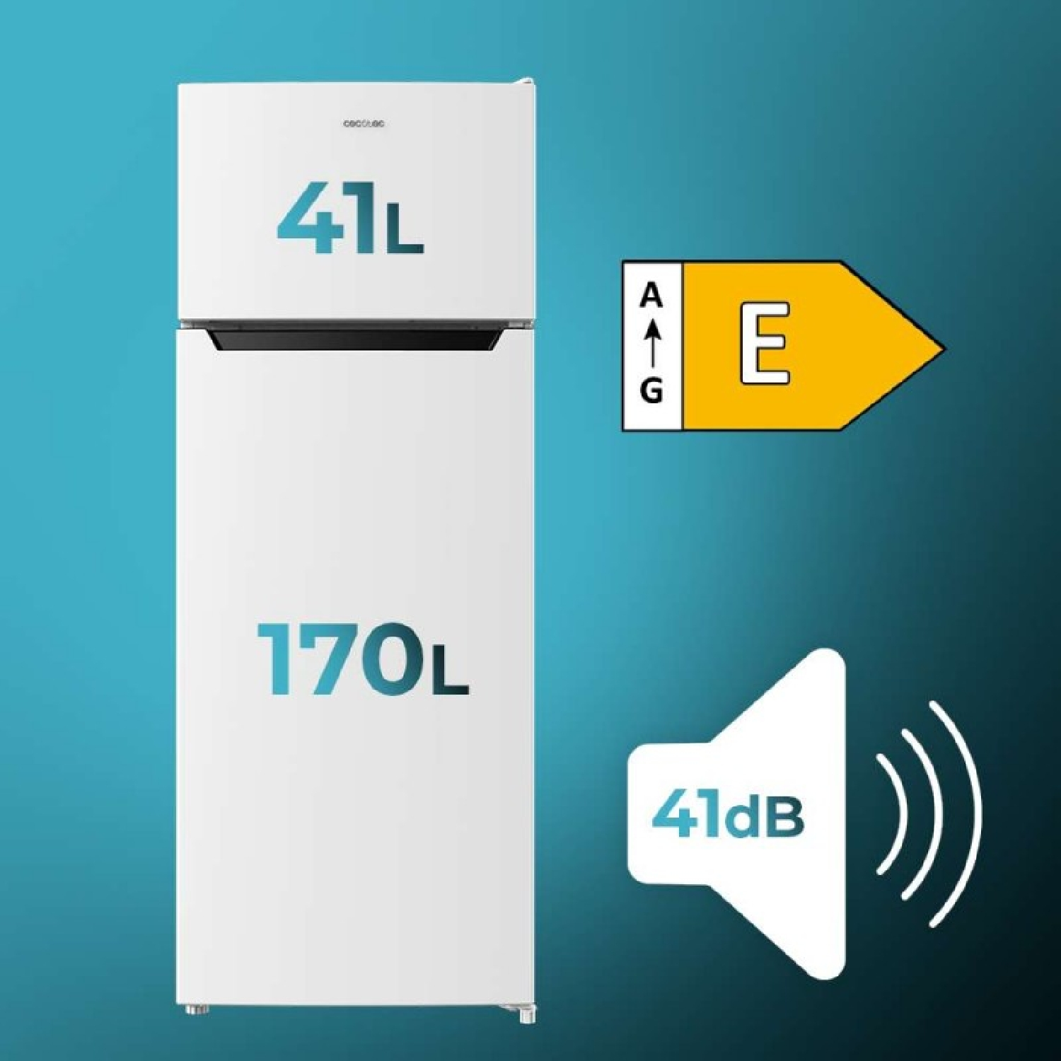 Frigorífico blanco de 170L y 41L, clase energética E y 41 dB sobre fondo azul.
