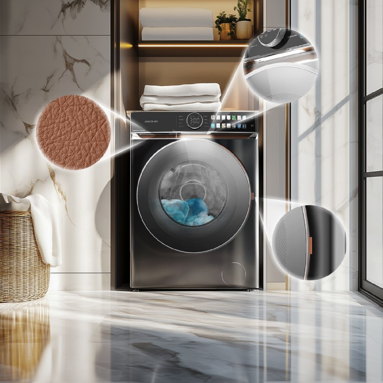 Lavadora gris moderna en un baño, con primeros planos de elementos de control y texturas.