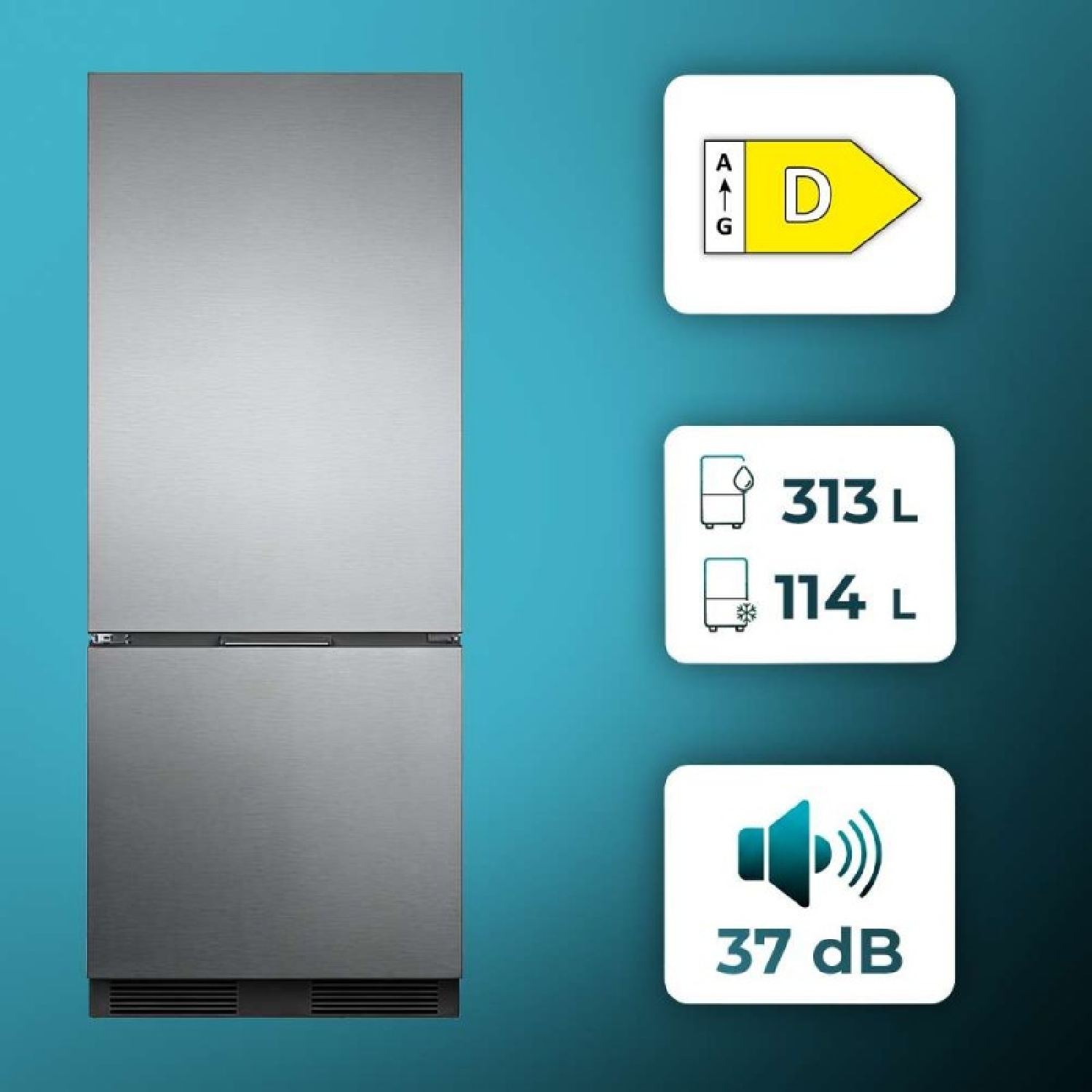Frigorífico de acero inoxidable sobre fondo azul con clase energética D, 313L y 114L de capacidad, y 37 dB.