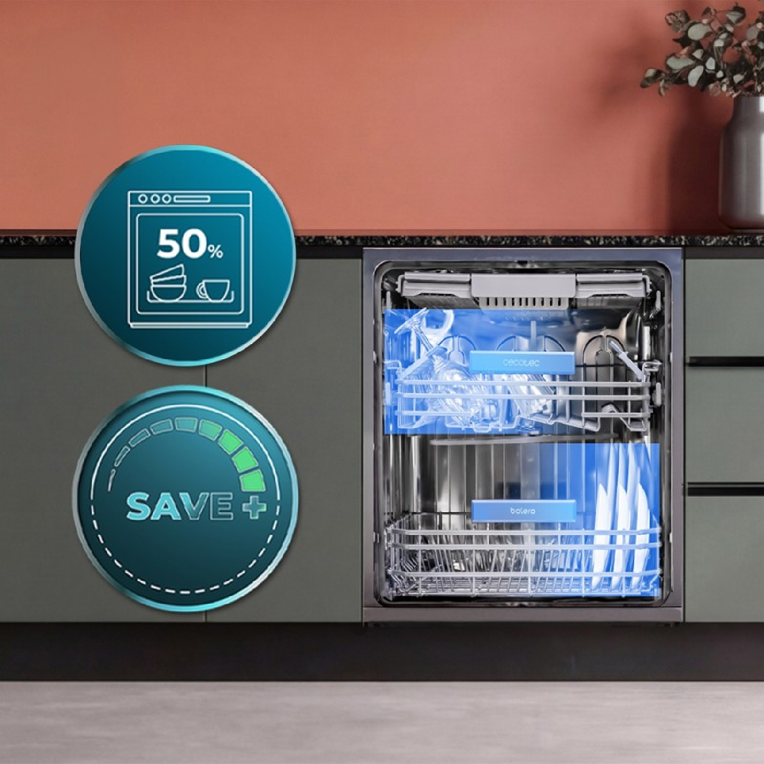 Lavavajillas abierto con luz azul, lleno de platos y vasos, en una cocina moderna con dos iconos promocionales.