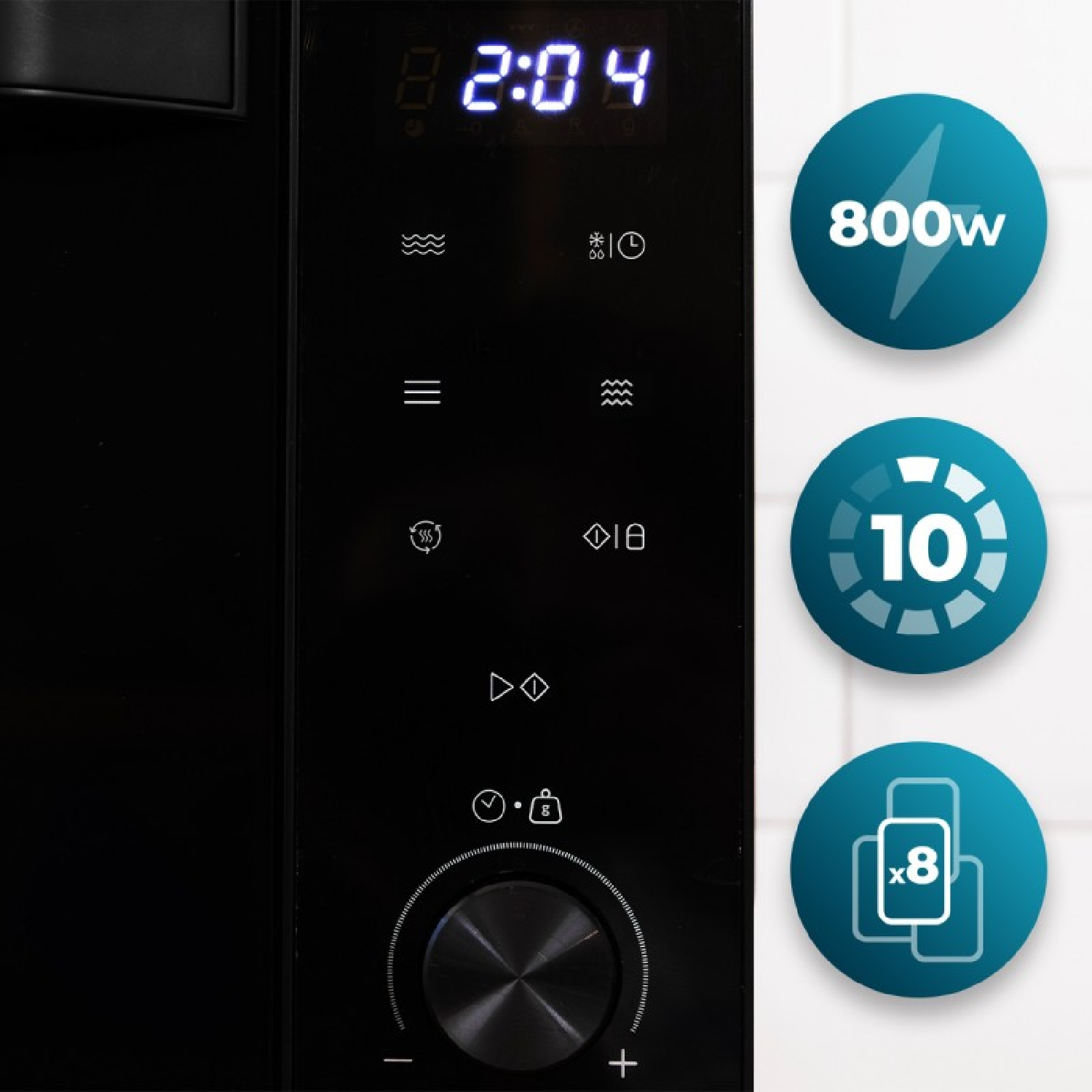 Panel de control de microondas negro con pantalla digital, botones táctiles, rueda giratoria y tres insignias azules.