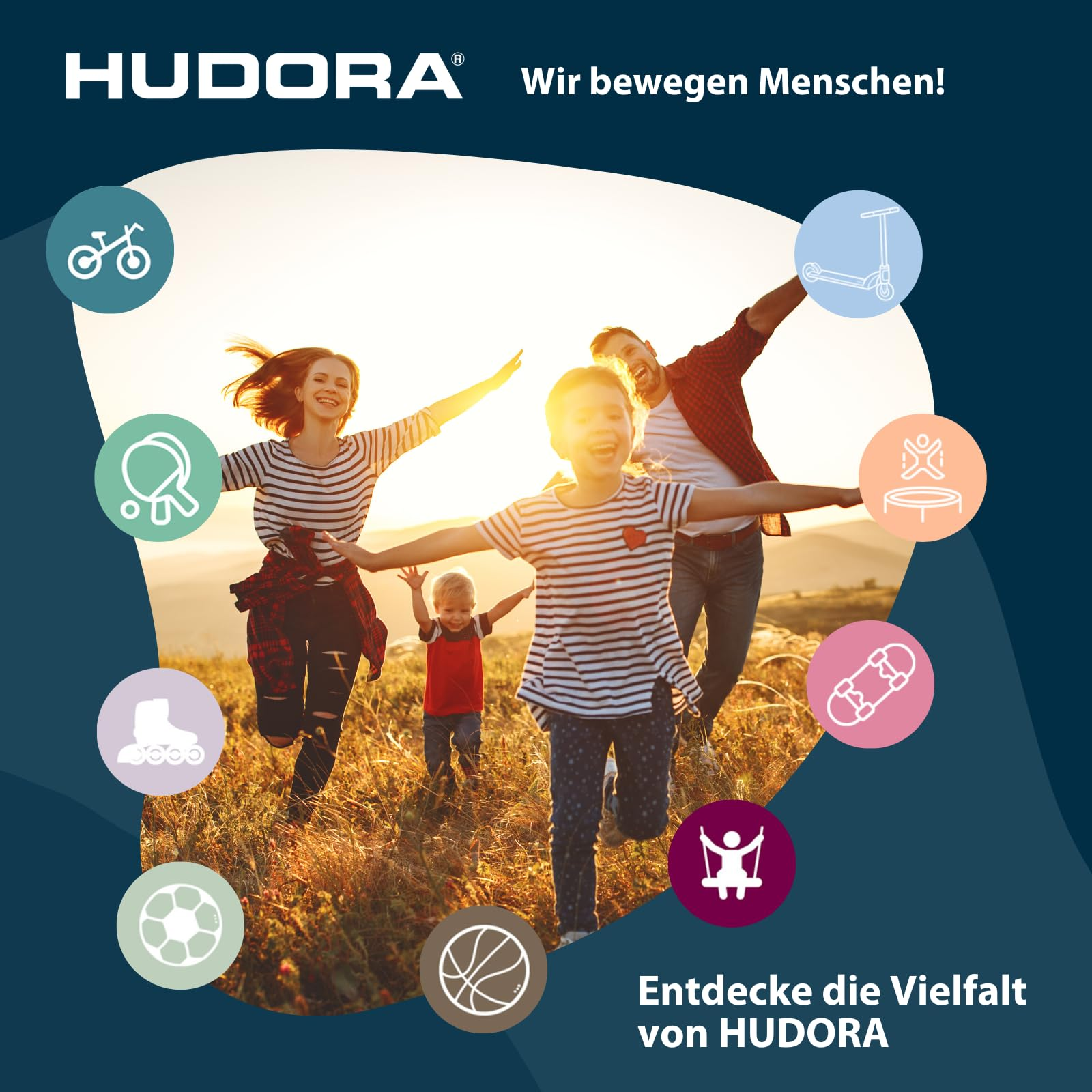Eine glückliche Familie läuft durch ein sonniges Feld, umgeben von Icons für Outdoorsport.