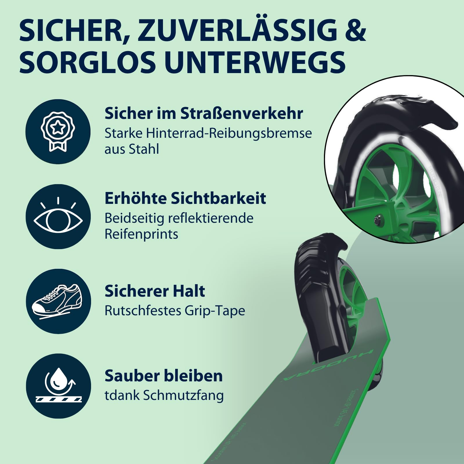 Infografik zeigt Sicherheitsmerkmale eines grünen Rollers mit Stahlbremse und Reflektoren.