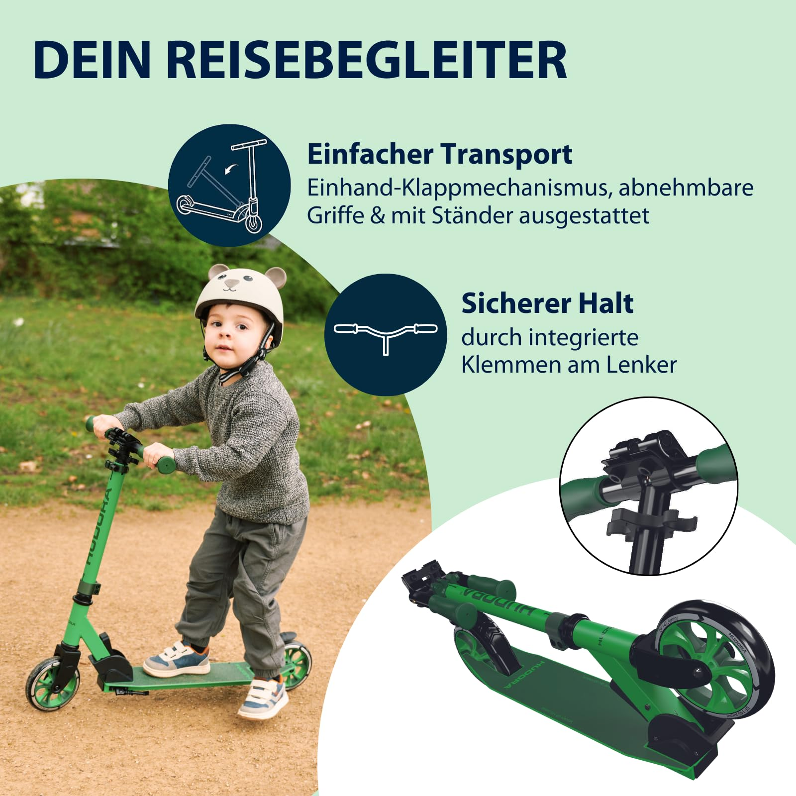 Ein Kind in einem Bärenhelm fährt einen grünen Roller, daneben Grafiken zur Klappfunktion und Lenkerklemme.