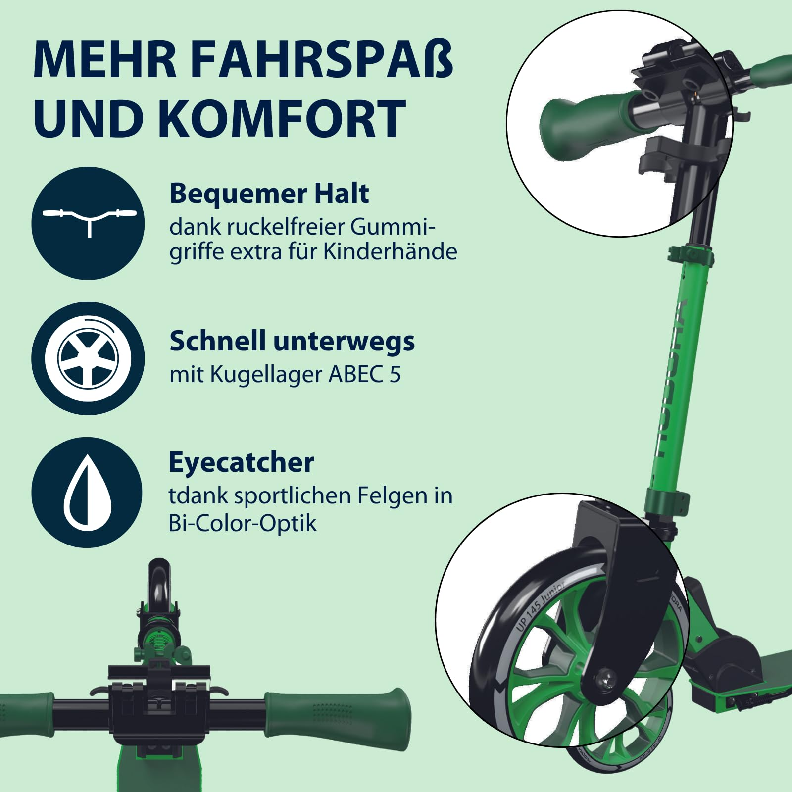 Grüner Kinderroller mit Gummifriffen und ABEC-5-Kugellagern, Text auf Deutsch.