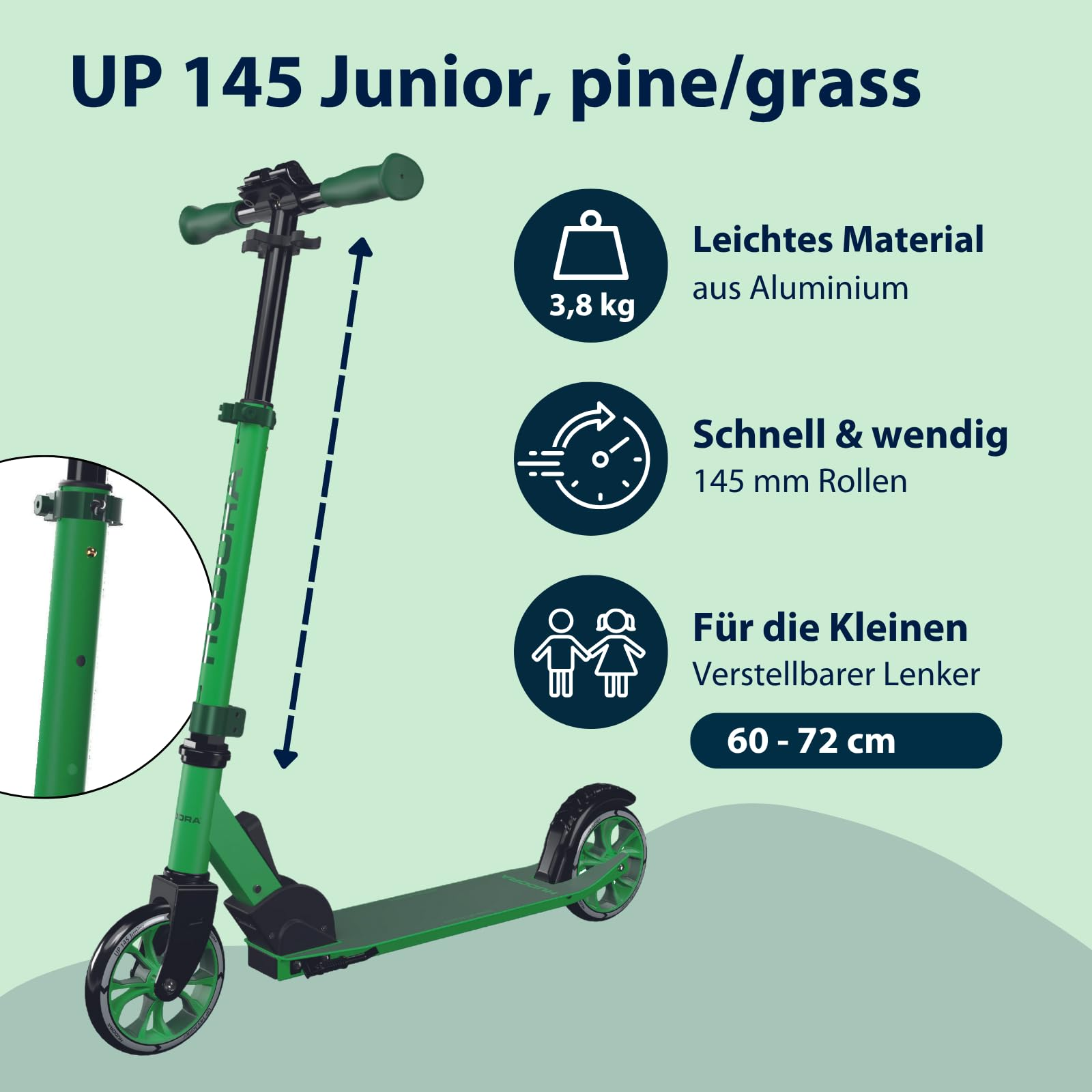 Grüner UP 145 Junior Scooter mit verstellbarem Lenker und Icons mit Produktdetails auf hellgrünem Hintergrund.