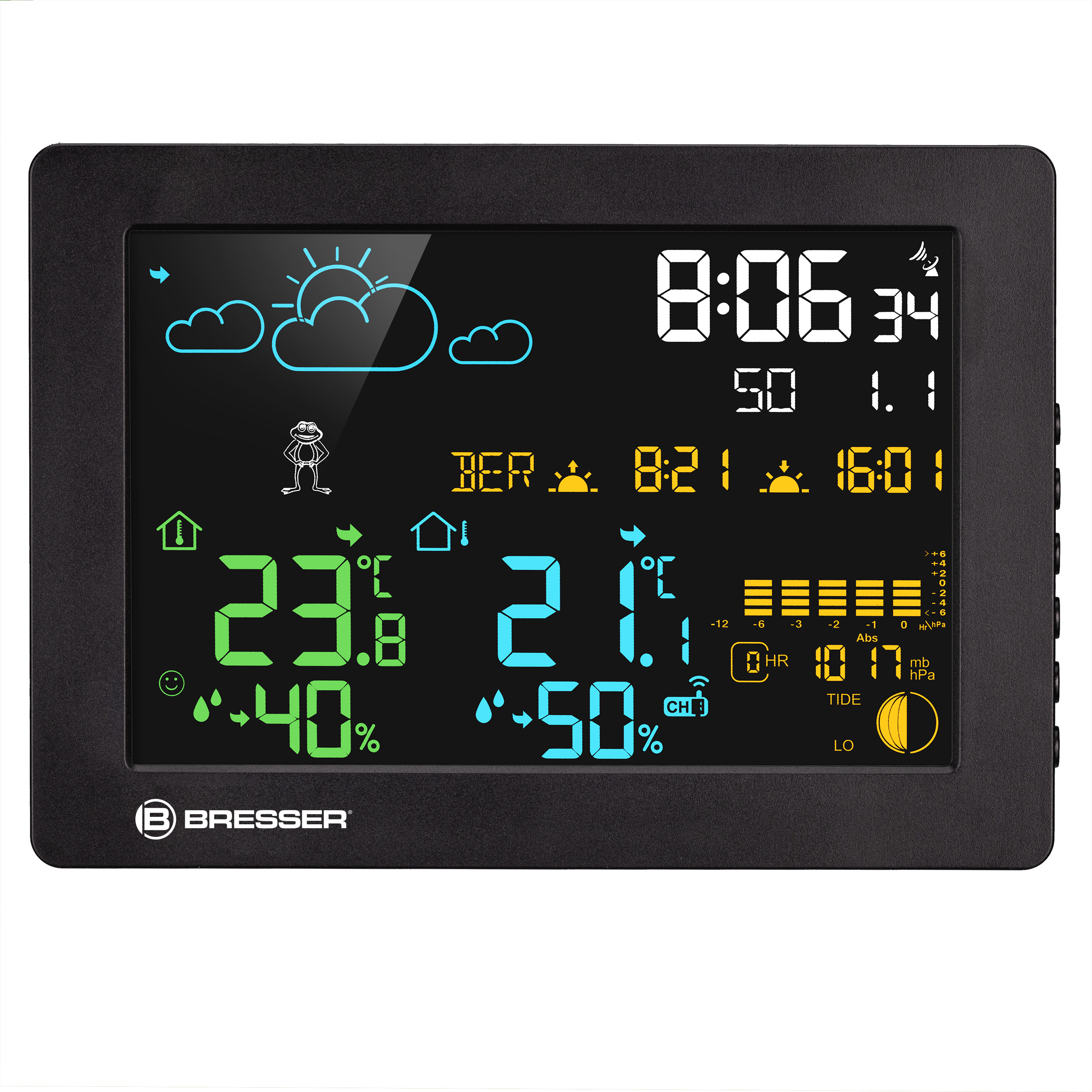 Estación meteorológica Bresser negra con pantalla LCD azul que muestra hora, temperatura, humedad e iconos.