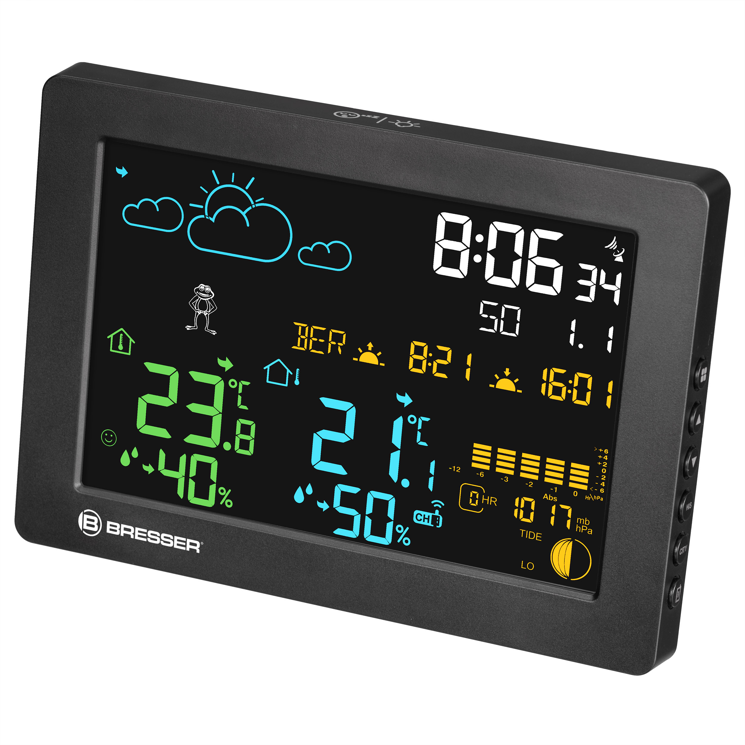 Estación meteorológica Bresser negra con pantalla digital a color que muestra temperatura y humedad.