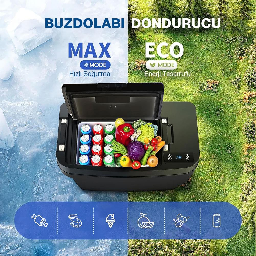 Buz ve çimen arka planlarıyla kontrast oluşturacak şekilde kutu içecekler ve taze sebzelerle dolu siyah taşınabilir araba buzdolabı.