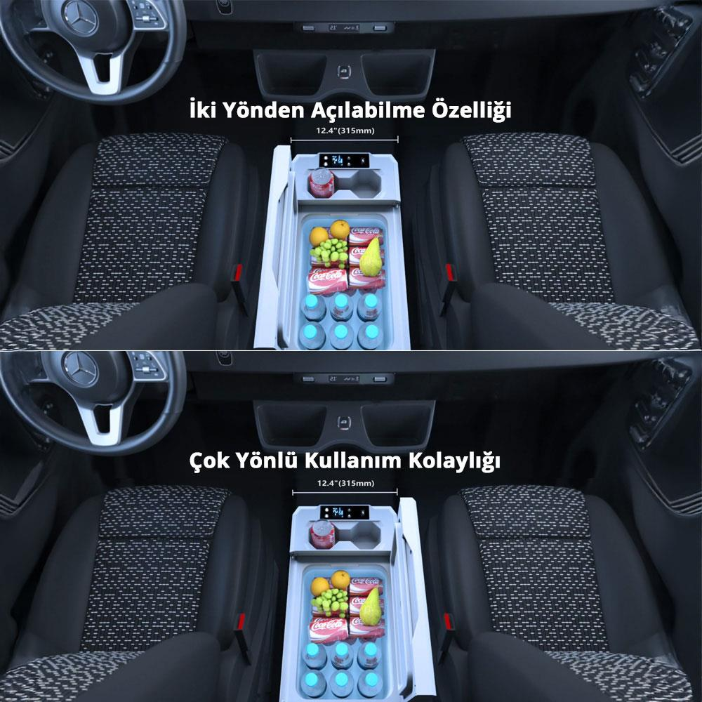 İçecek ve meyvelerle dolu merkezi saklama alanını ve iki yönden açılabilme özelliğini gösteren üstten araç içi görünümü.