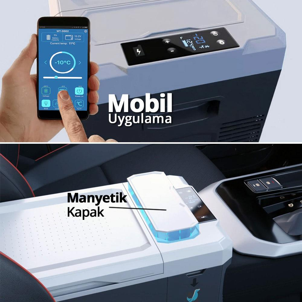 Bölünmüş görselde üstte mobil soğutucuyu kontrol eden bir telefon uygulaması, altta ise araç içi manyetik kapağı var.