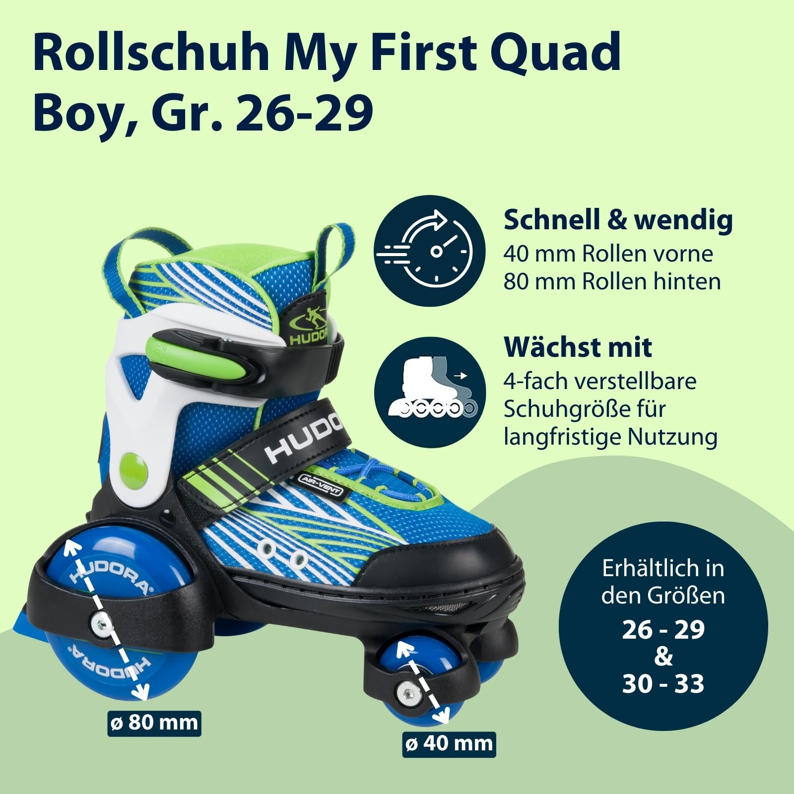 Hudora Rollschuh My First Quad Boy in Blau und Grün, verstellbare Größen mit blauen Rollen.
