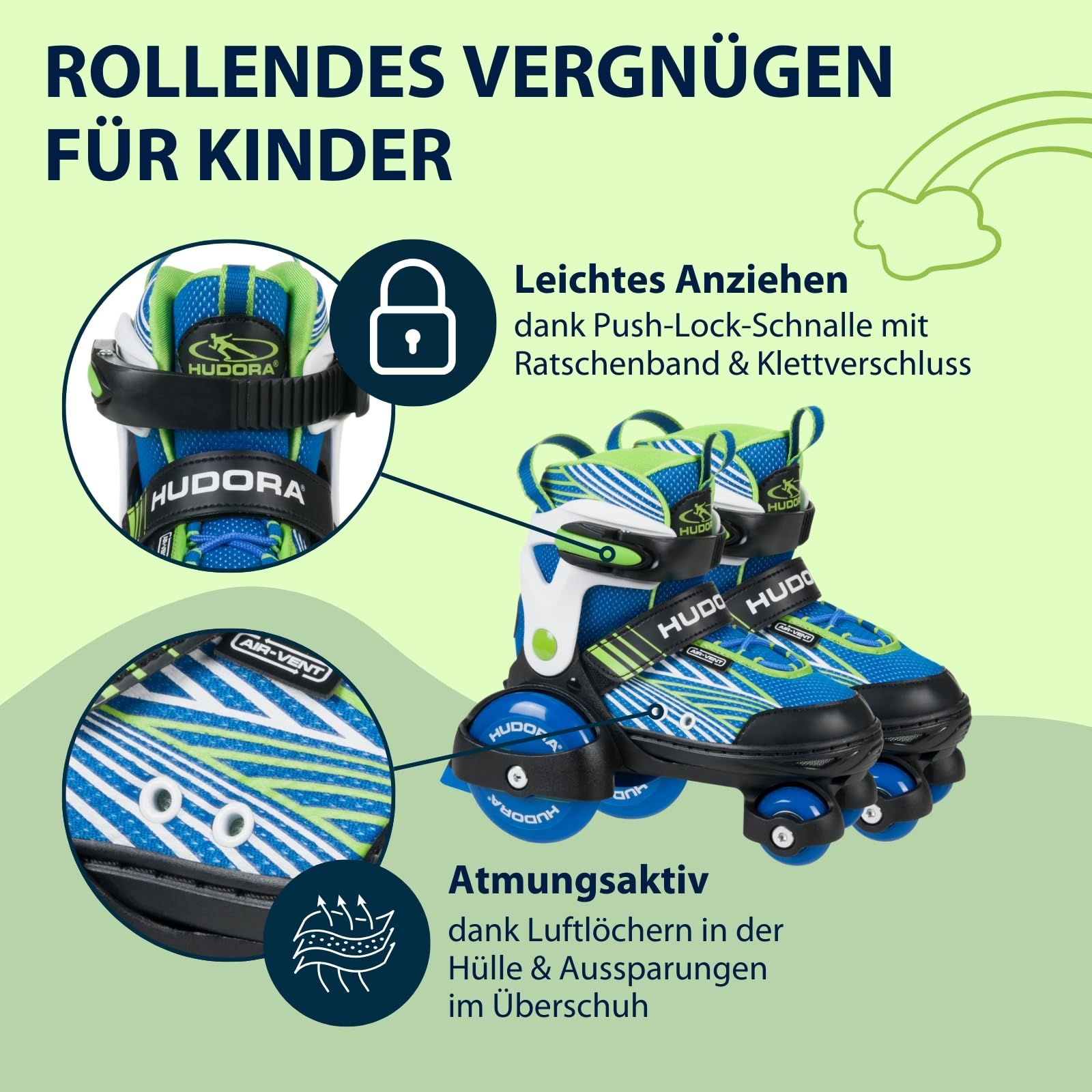 Blaue und grüne Hudora Kinder-Rollschuhe mit leichtem Verschluss und Belüftung.