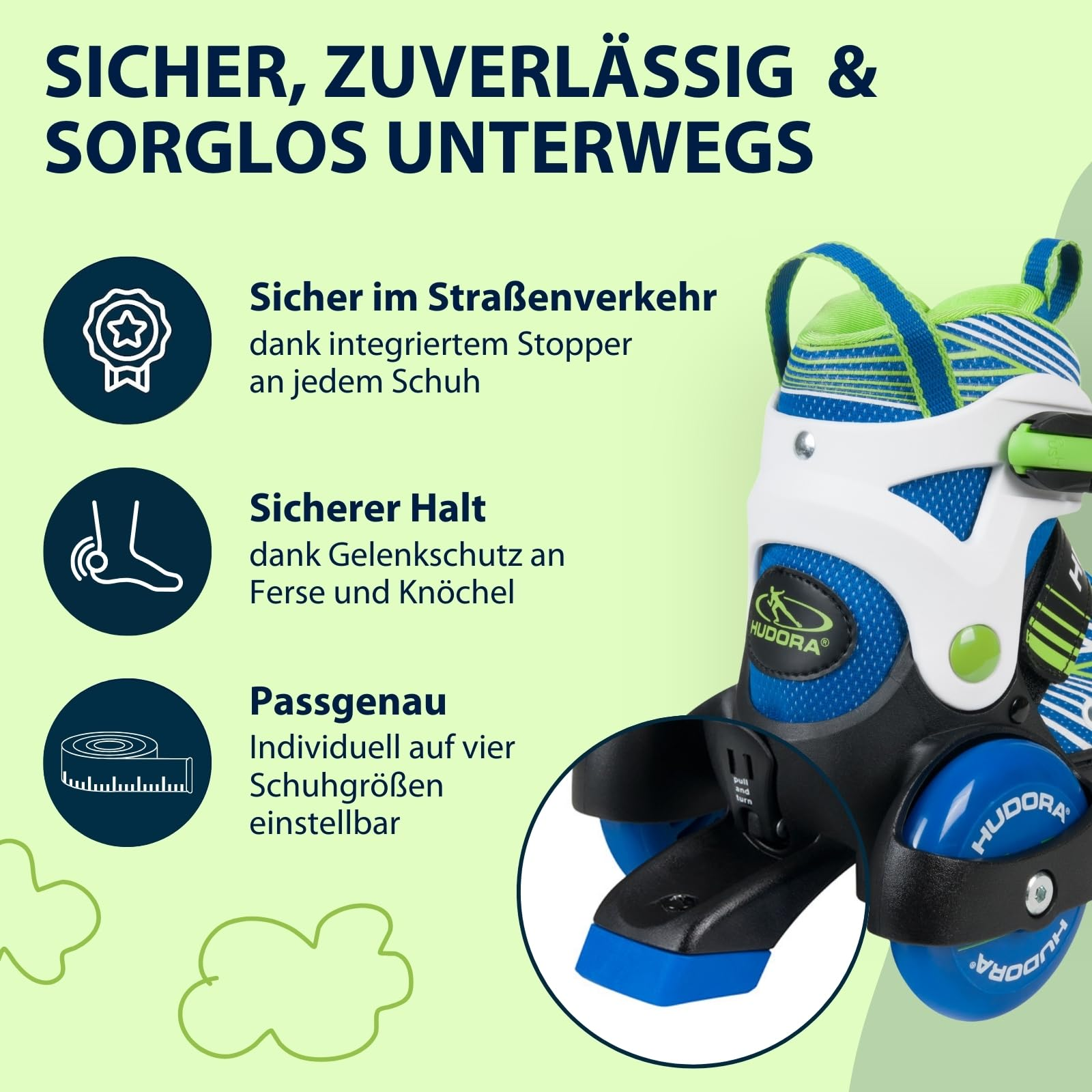 Blau-weiß-grüner Kinder-Inlineskate mit Sicherheitsmerkmalen und Text auf hellgrünem Hintergrund.