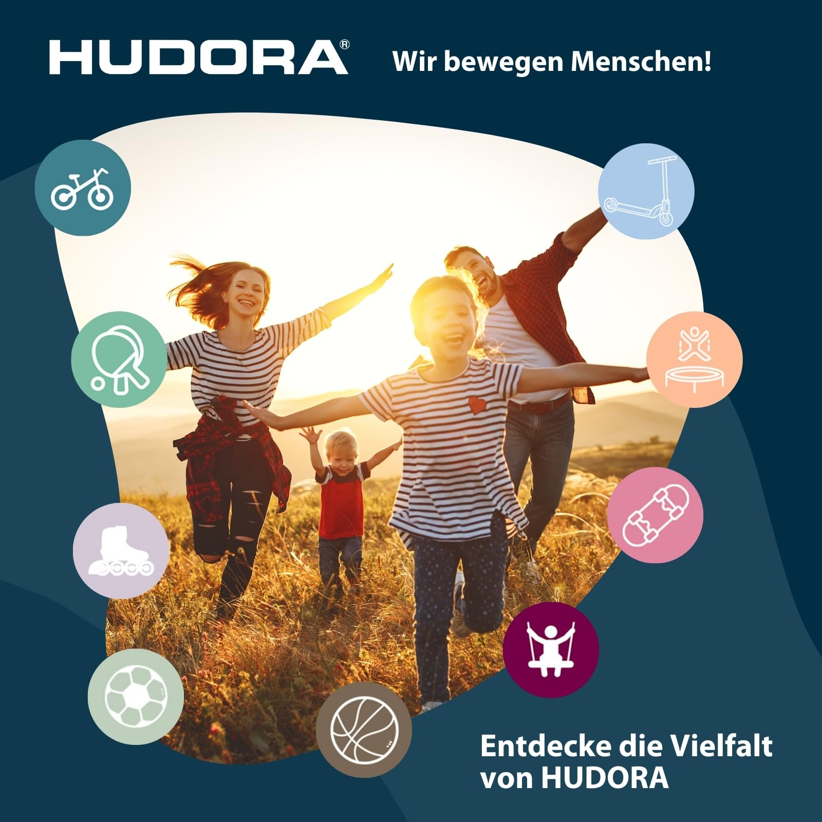 Eine glückliche Familie läuft in einer Wiese bei Sonnenuntergang, umgeben von Icons für Sportgeräte.