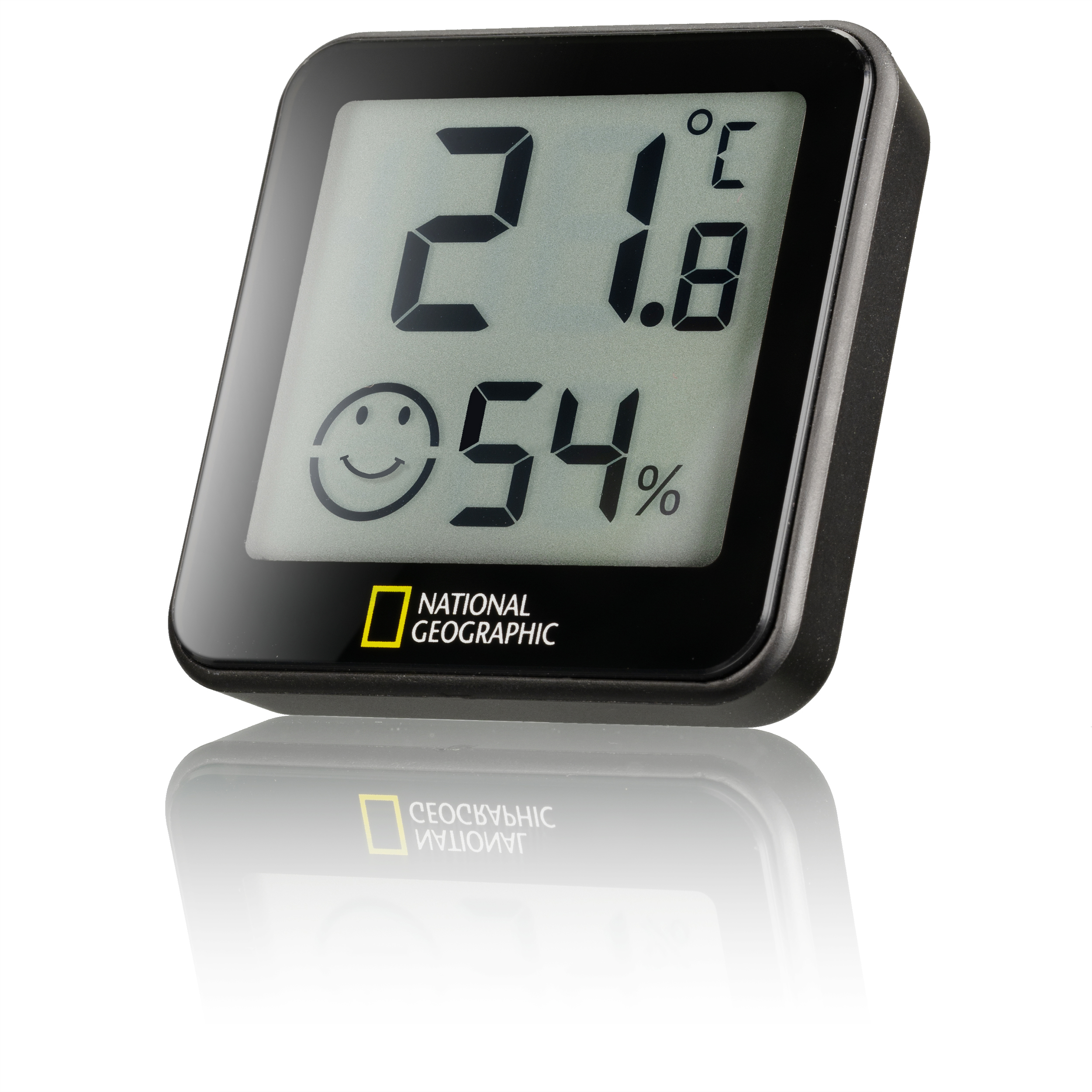 Un higrómetro digital negro de National Geographic que muestra 21.8 grados Celsius y 54 por ciento de humedad con una sonrisa.