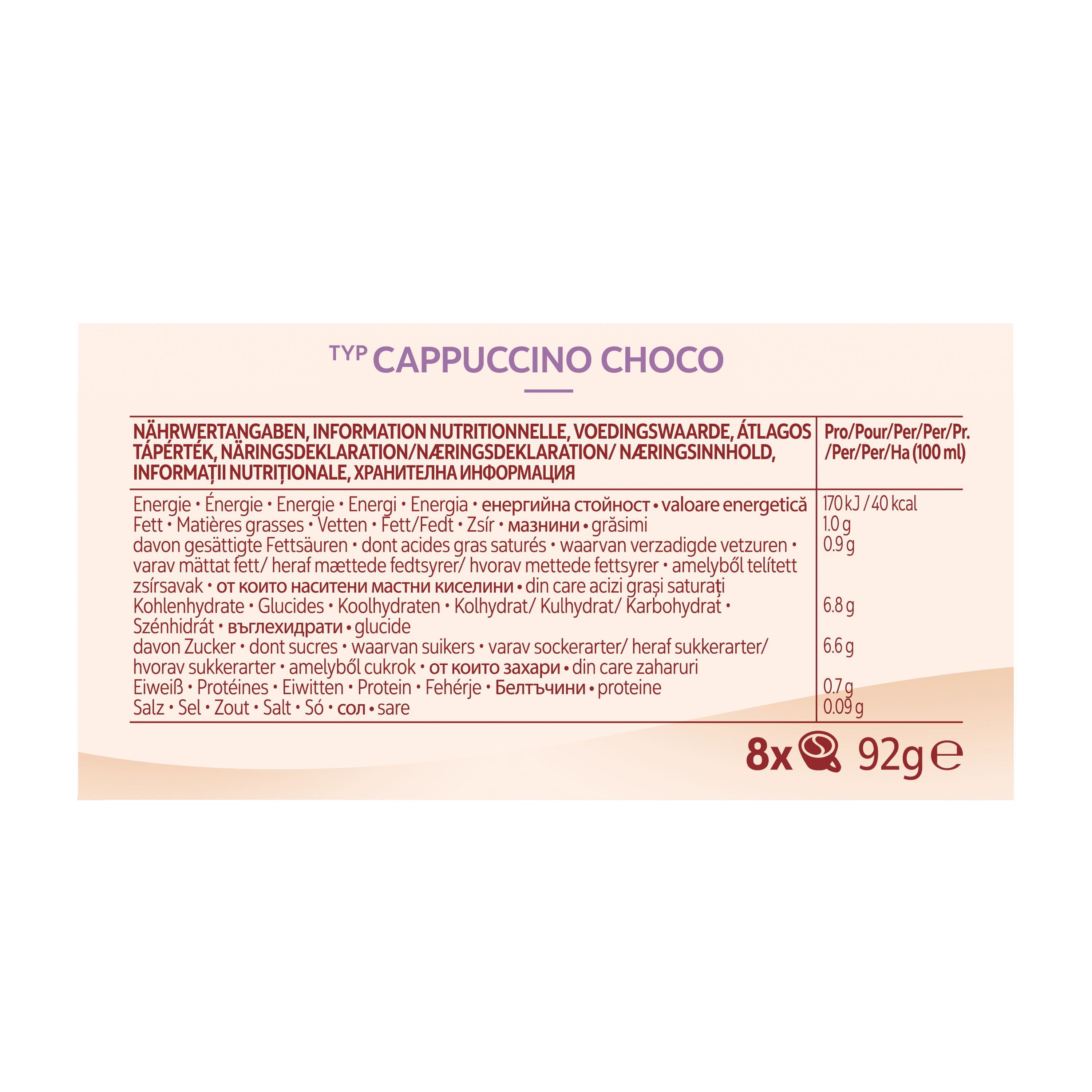 Nährwerttabelle für Cappuccino Choco mit Angaben zu Kalorien, Fett, Kohlenhydraten und Eiweiß pro 100ml.
