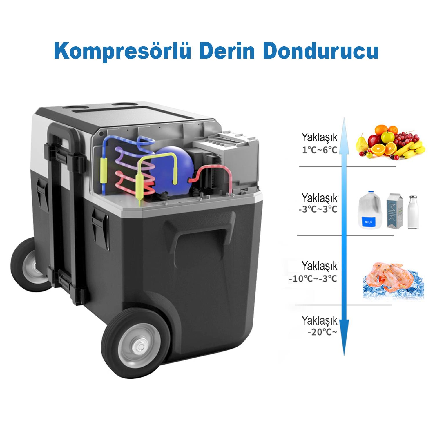 Tekerlekli kompresörlü derin dondurucu, iç mekanını ve gıda saklama sıcaklık aralıklarını gösteriyor.