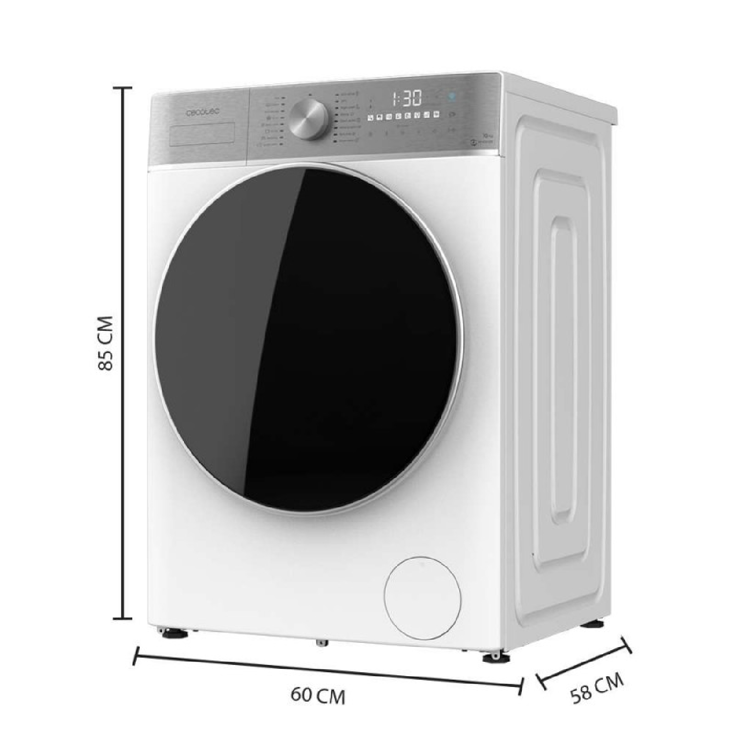 Lavadora blanca con puerta negra y dimensiones de 85x60x58 cm.