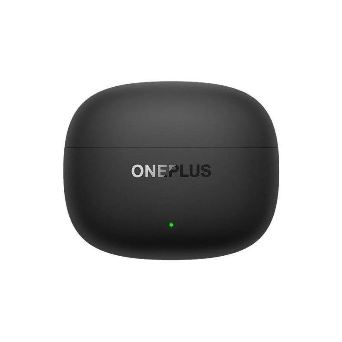Ein schwarzes kabelloses OnePlus-Ohrhörer-Ladecase mit einer kleinen grünen LED-Leuchte vorne.