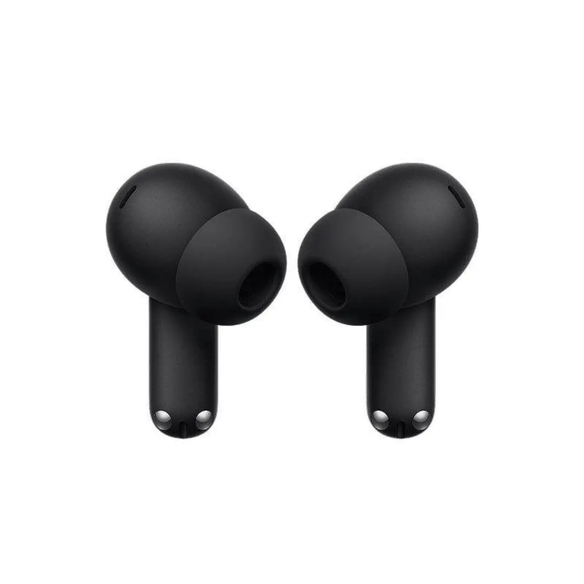 Ein Paar schwarze In-Ear-Kopfhörer mit Stielen vor einem weißen Hintergrund.