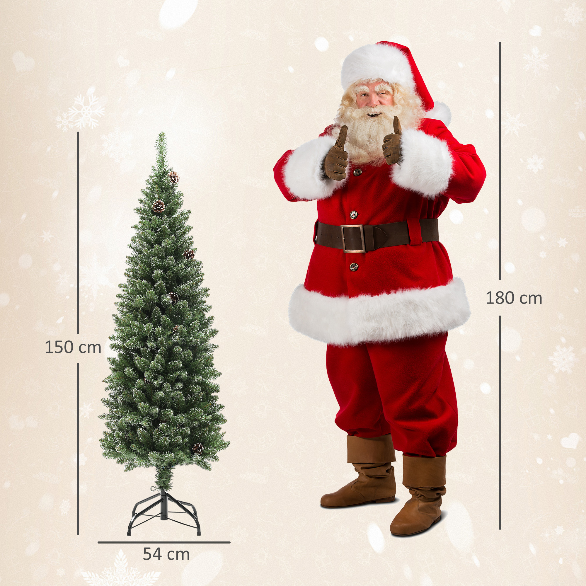 Papá Noel da el visto bueno junto a un árbol de Navidad artificial de 150 cm de altura con medidas.