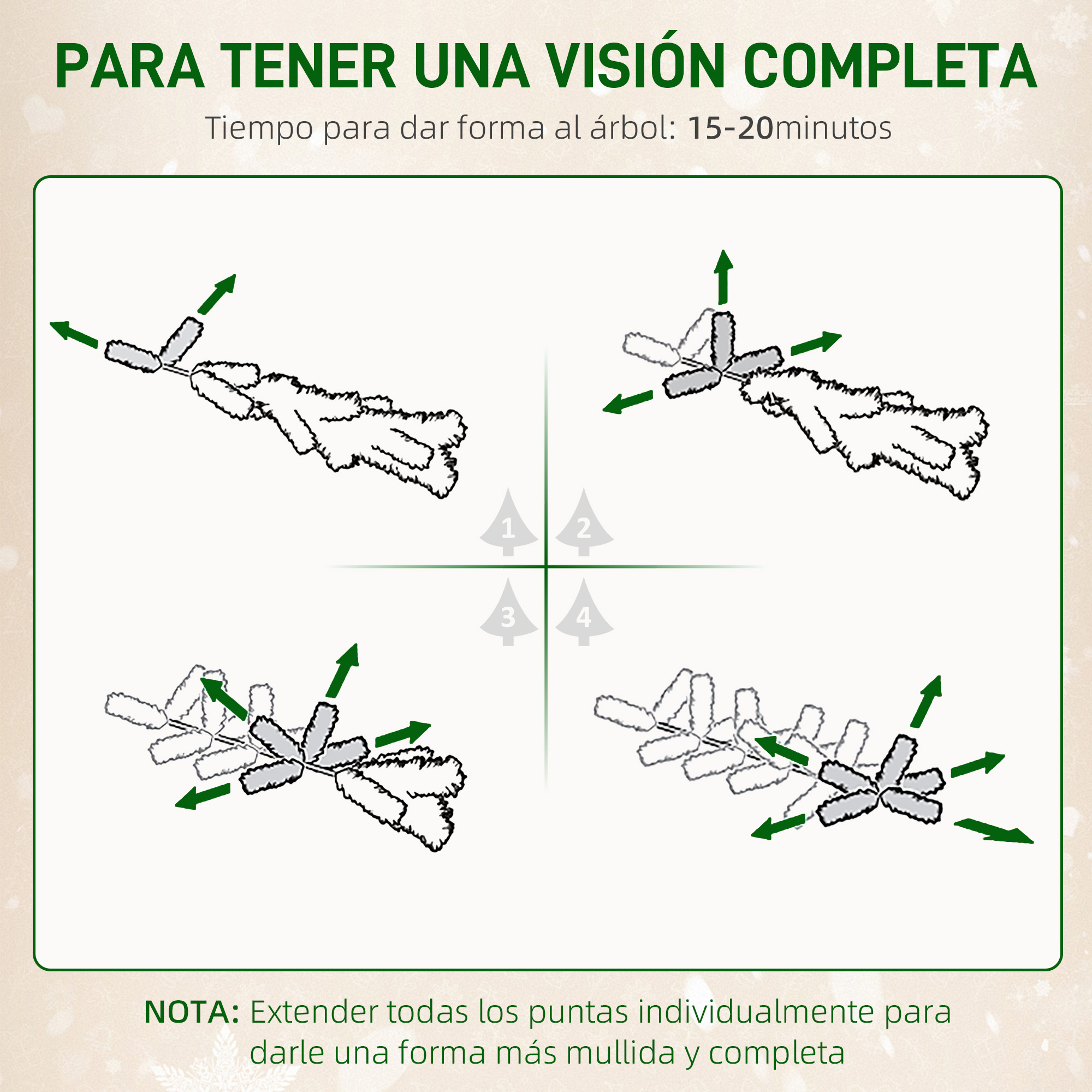 Guía de cuatro pasos para abrir las ramas del árbol, mostrada con flechas verdes.