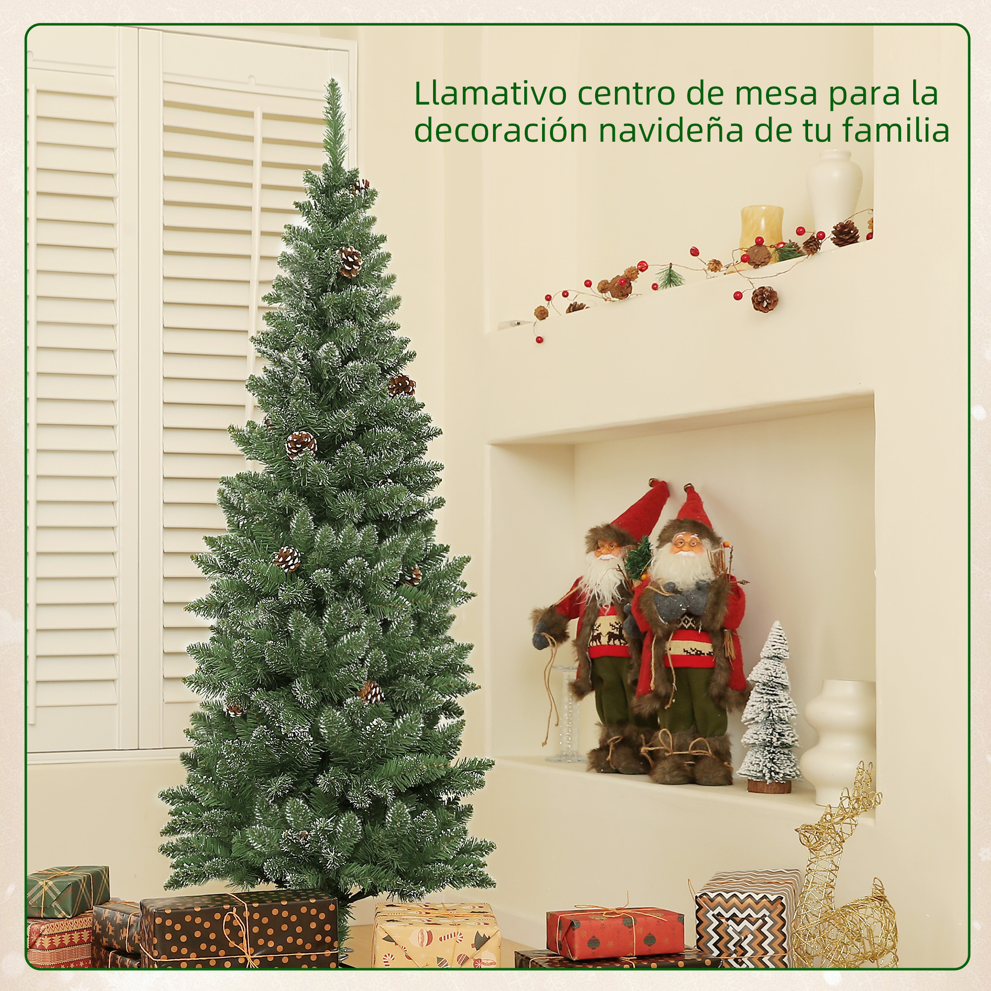 Un árbol de Navidad decorado junto a estantes con figuras de Papá Noel, regalos y texto arriba.
