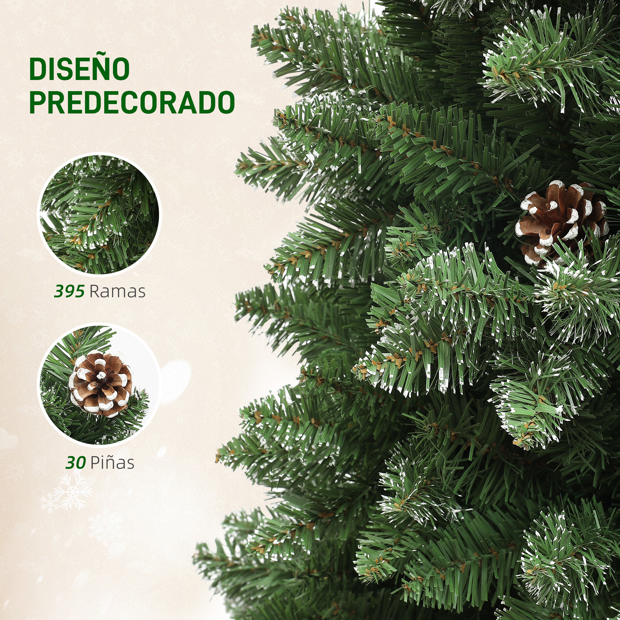 Primer plano de un árbol de Navidad predecorado con ramas verdes cubiertas de nieve y piñas.