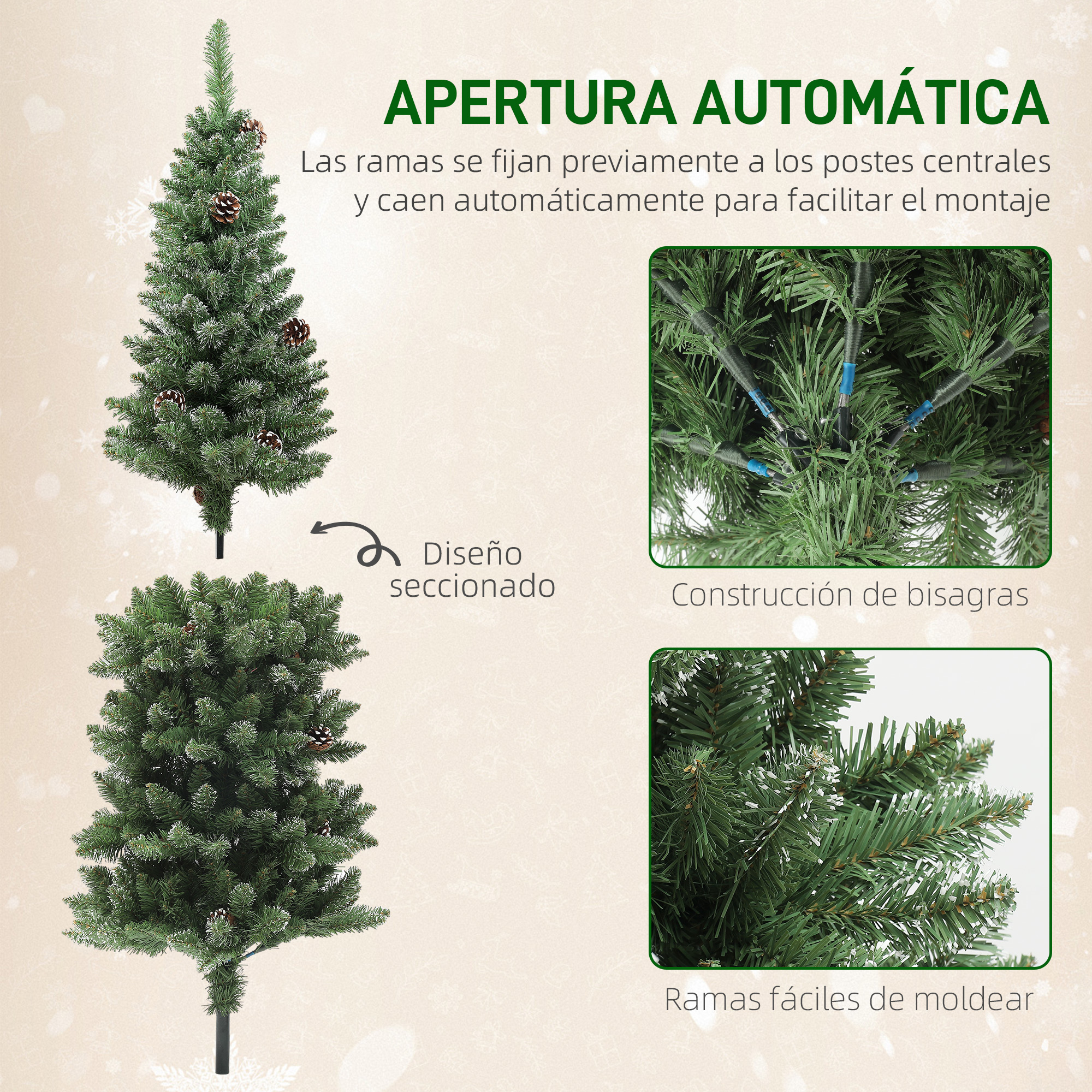 Árbol de Navidad artificial con construcción de bisagras y ramas flexibles para fácil montaje.