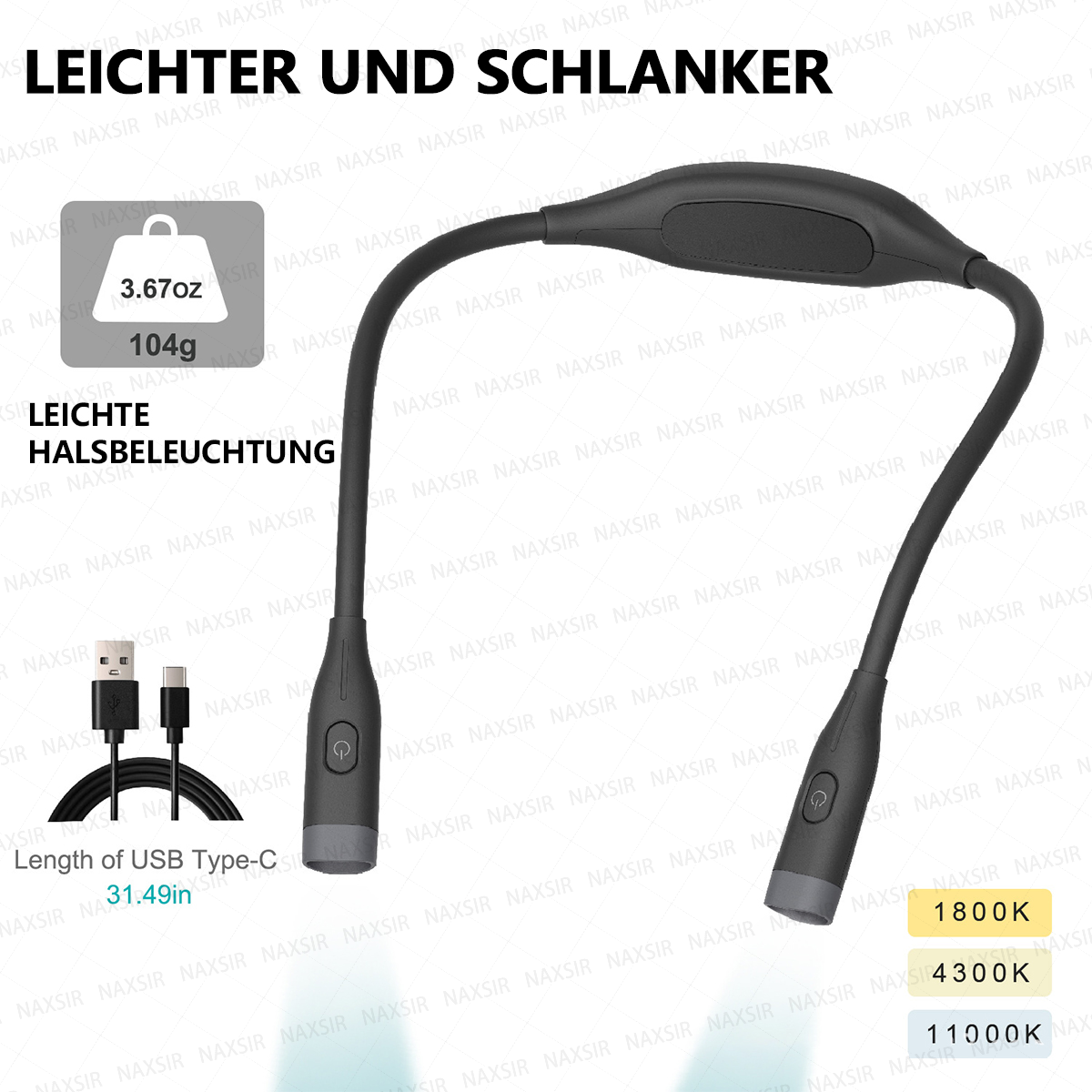 Eine schwarze, flexible Nacken-Leselampe mit USB-C-Kabel, Gewichtssymbol und Farbtemperaturanzeige vor weißem Hintergrund.