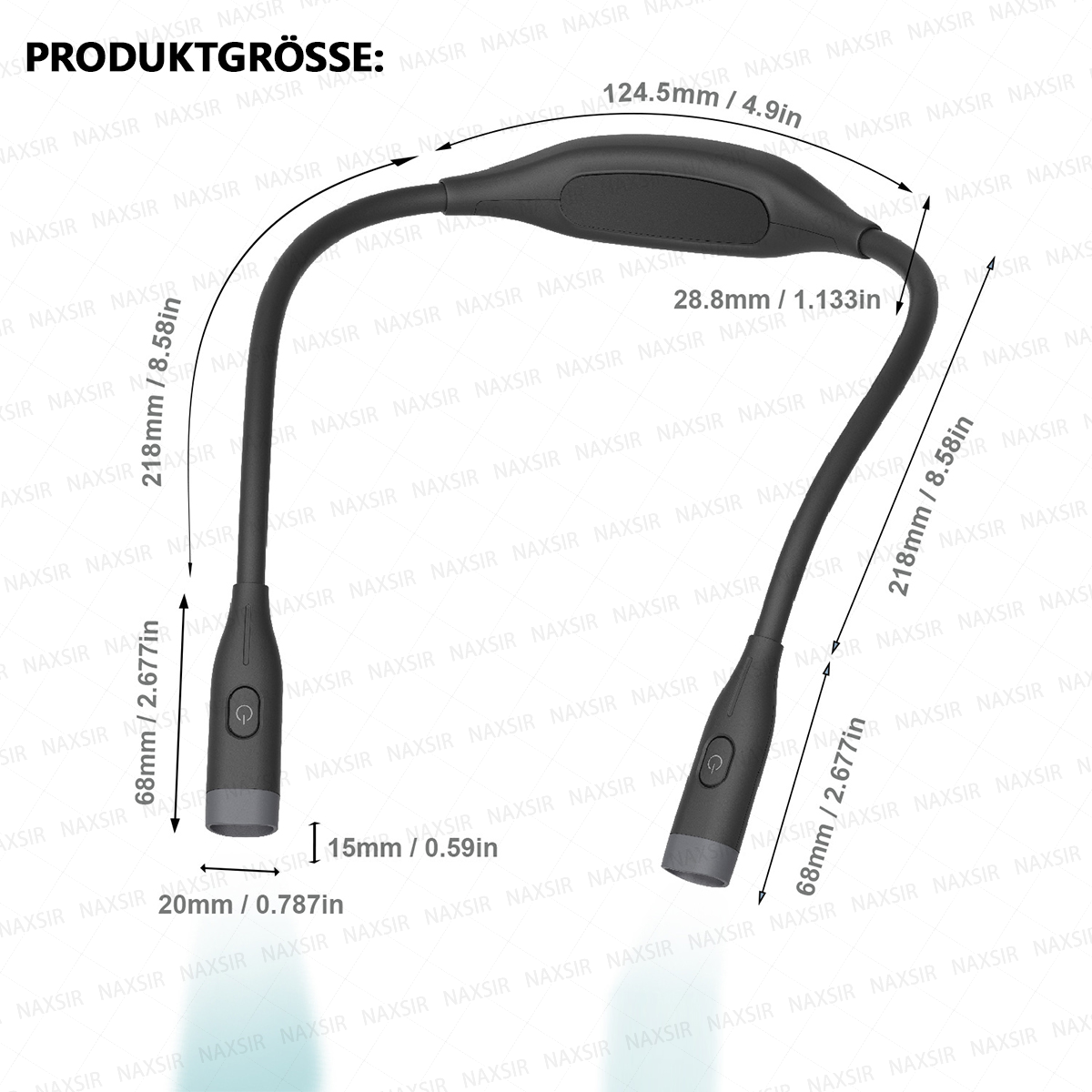 Technische Zeichnung der Produktgröße eines schwarzen Nackenventilators mit Maßen in mm und Zoll.
