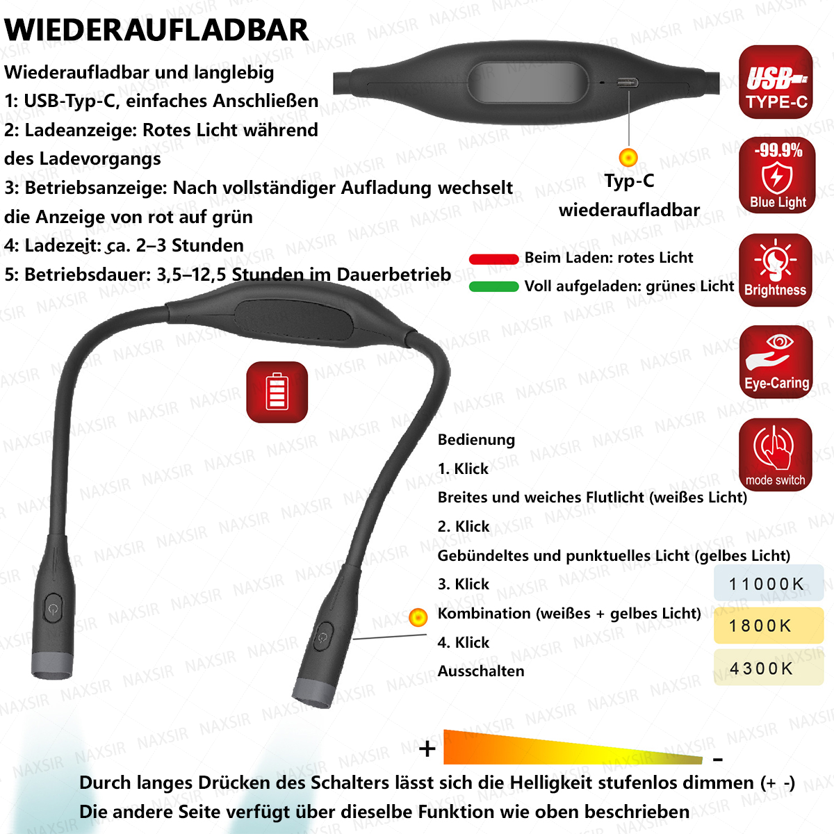 Wiederaufladbare Nacken-Leselampe mit USB-C, dimmbaren Lichtern und verschiedenen Modi.