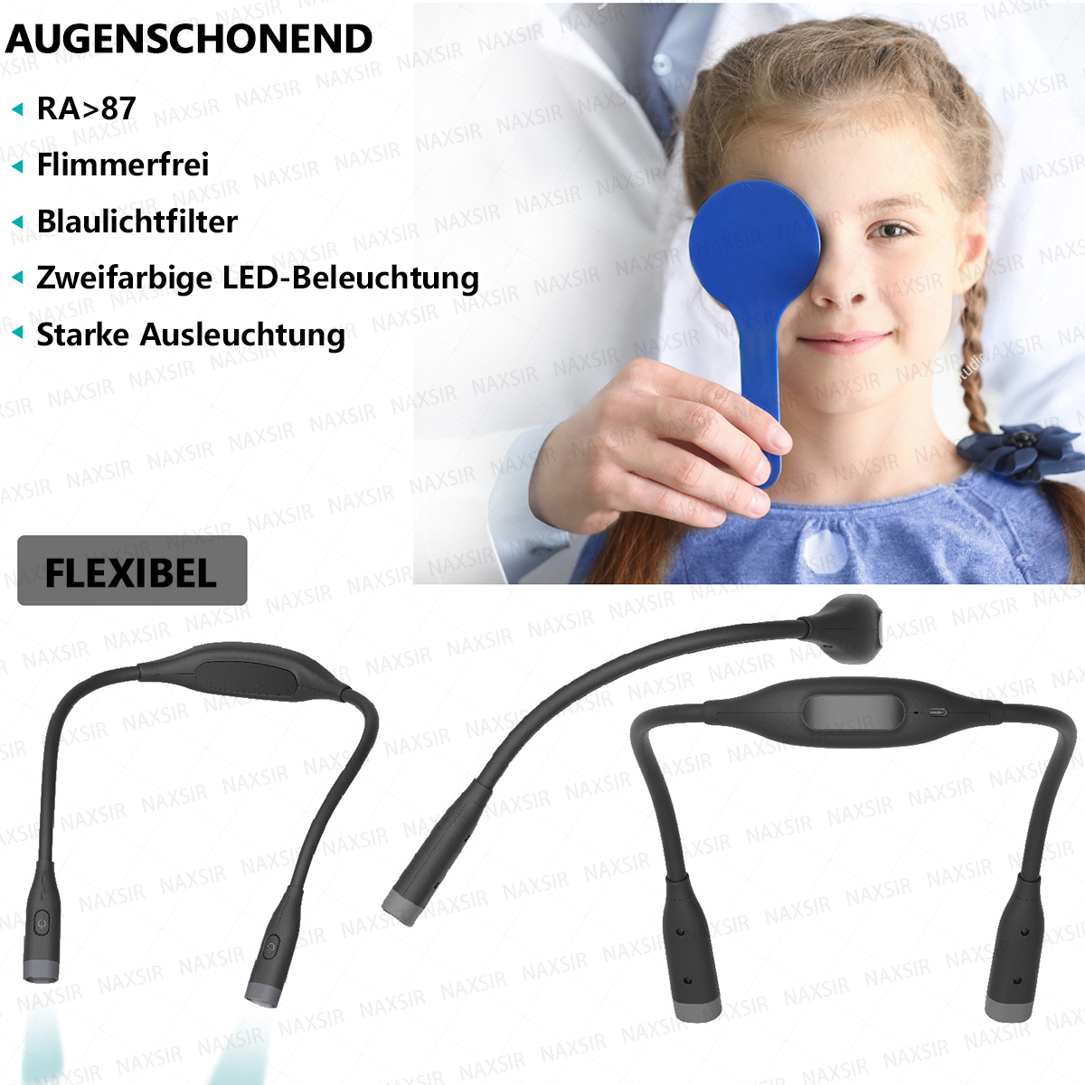 Ein Mädchen beim Sehtest mit blauem Paddle und zwei flexible Nackenleuchten unten mit Text.