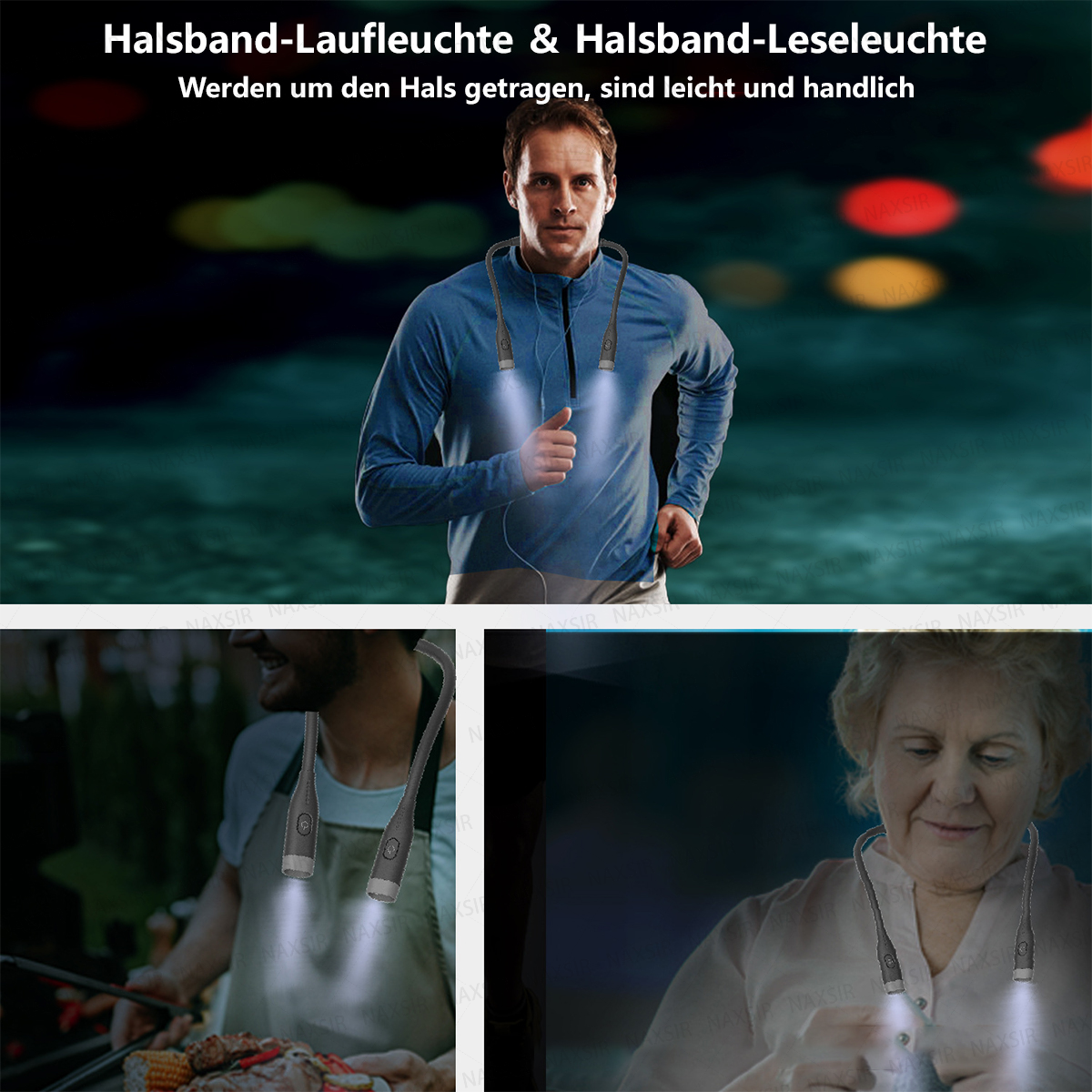 Eine Person nutzt eine Leuchthalskette beim Joggen, Grillen und Lesen im Dunkeln.