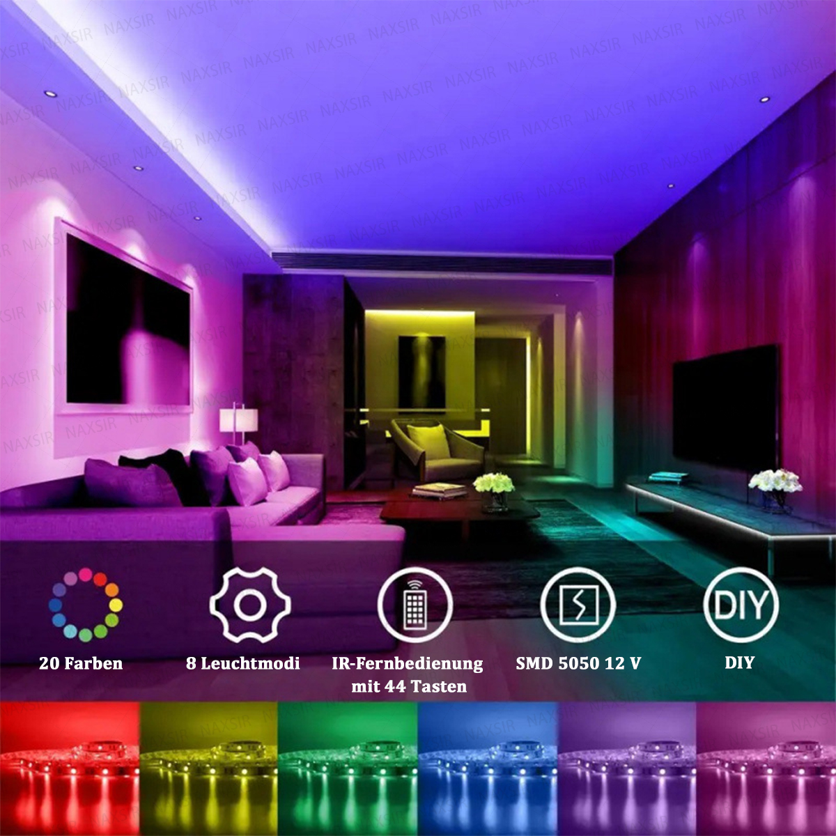 Wohnzimmer mit bunten LED-Streifen, Sofa, Fernseher und Funktionssymbolen unten.
