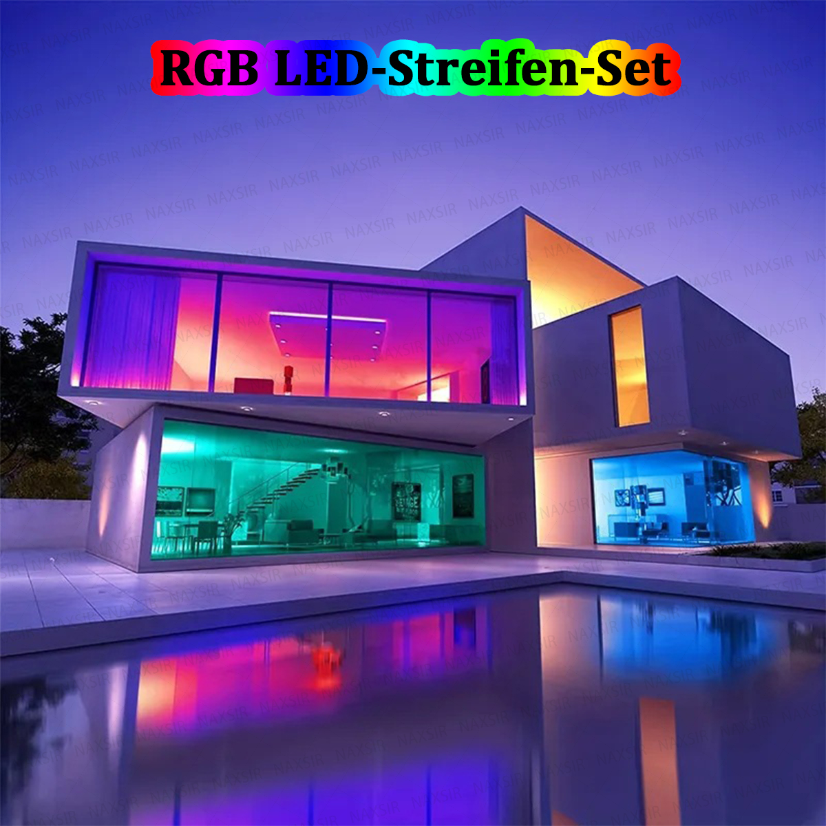 Luxusvilla mit bunten RGB-LED-Streifen beleuchtet, mit Pool im Vordergrund.