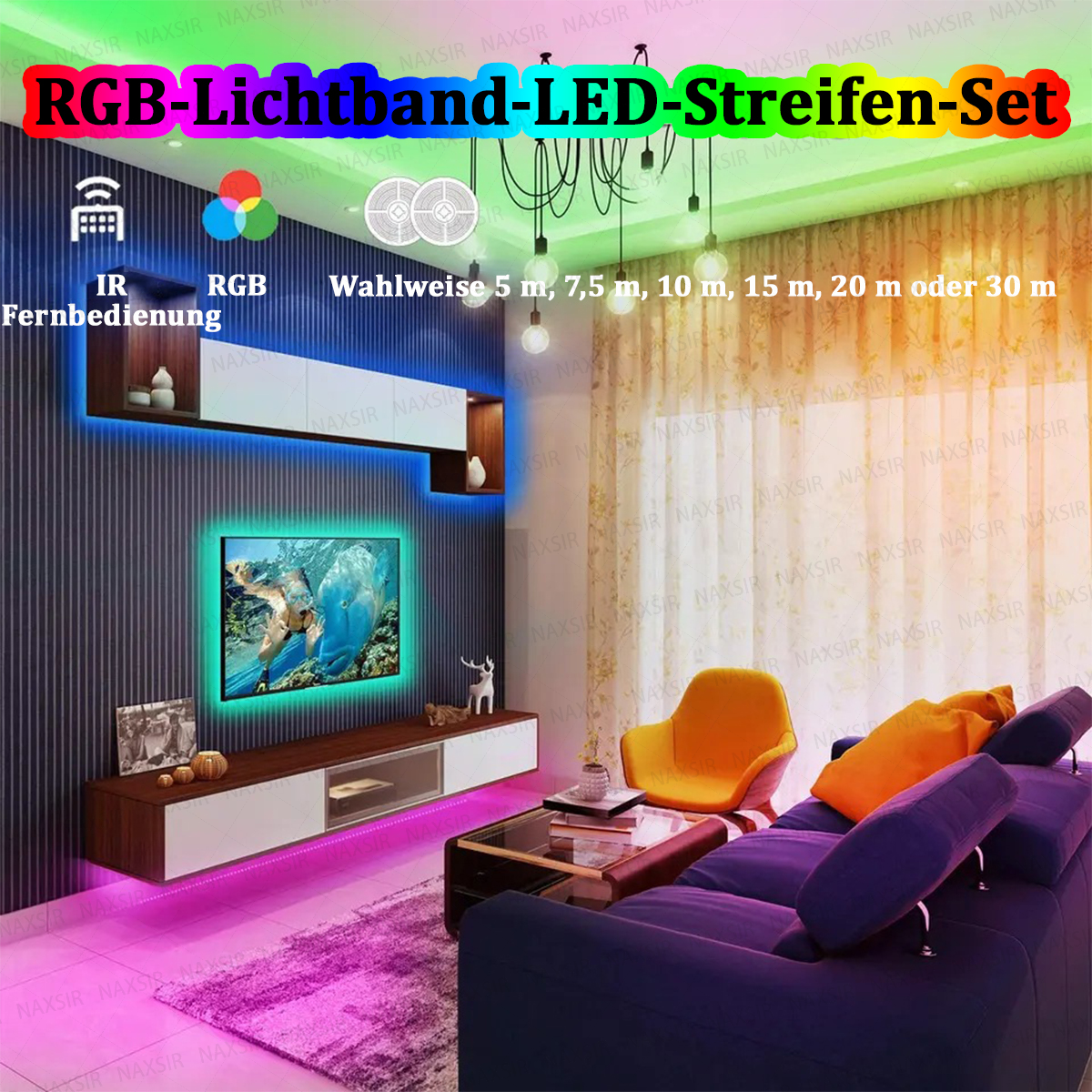 Wohnzimmer mit blauen und pinken LED-Streifen, TV, Sofa und gelbem Sessel.