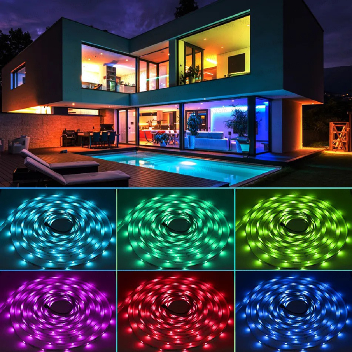 Eine moderne Villa, nachts beleuchtet mit bunten LED-Streifen, mit Pool und verschiedenen Lichtfarben darunter.