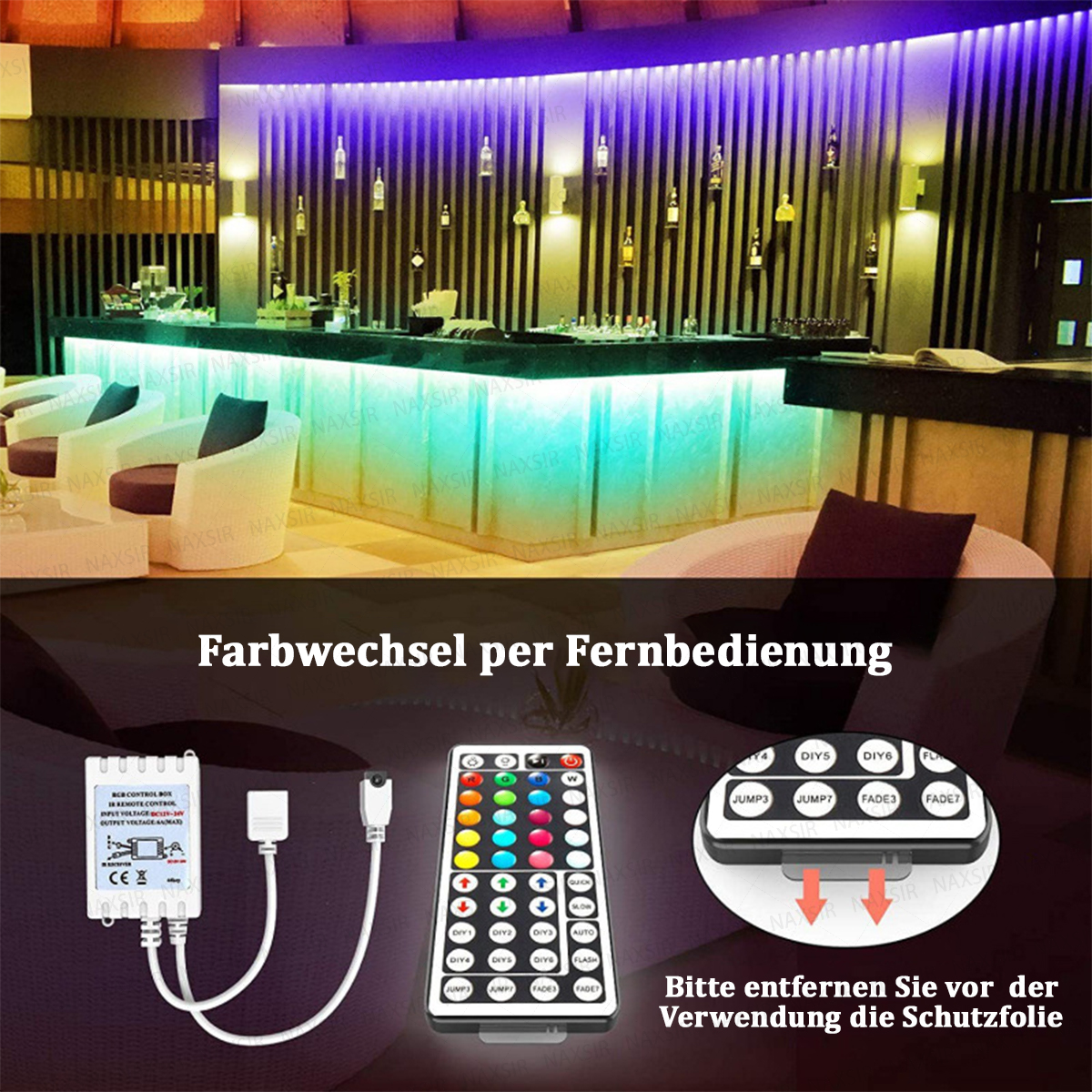 Moderne Bar mit LED-Beleuchtung, RGB-Controller und Fernbedienung.