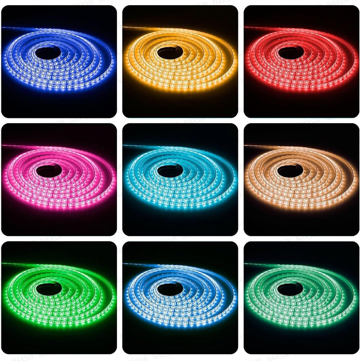 Ein Gitter aus neun Tafeln zeigt aufgerollte LED-Streifen in verschiedenen leuchtenden Farben wie Blau, Gelb und Rot.