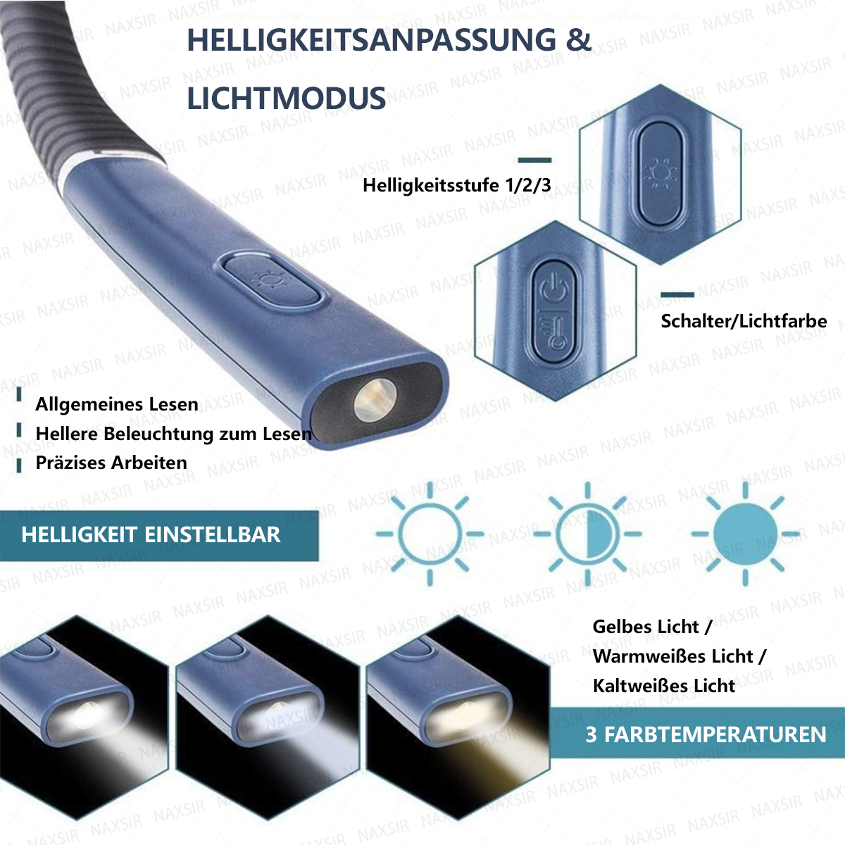 Diagramm zeigt Beleuchtungsmodi, Helligkeitsstufen und Farbtemperaturen einer blauen Leselampe.