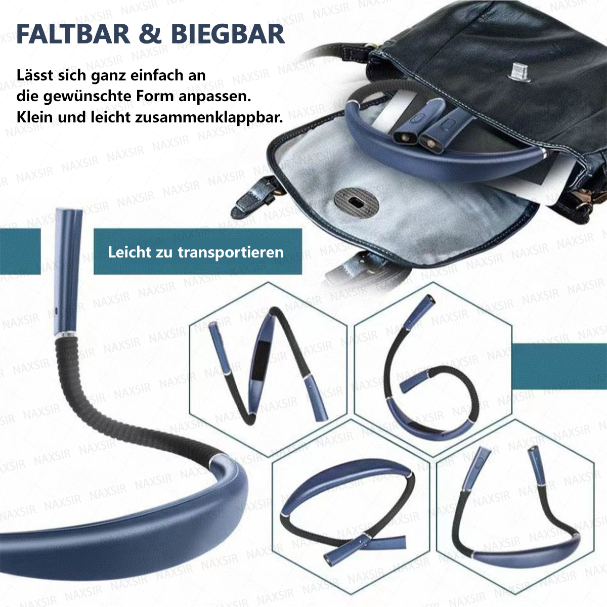 Faltbares und biegbares blaues Nackenlicht, das leicht in einer Tasche zu transportieren ist.