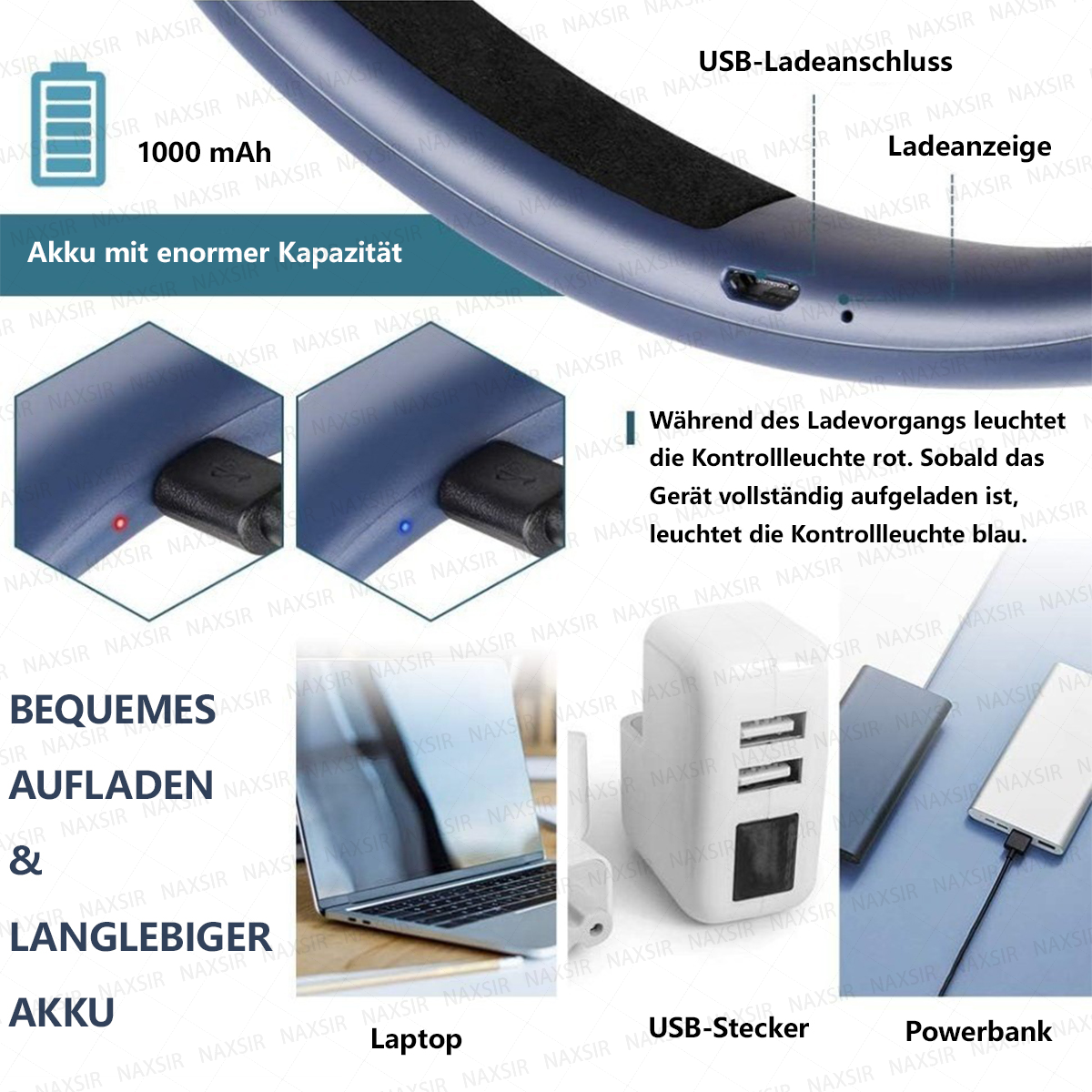 Produktgrafik zeigt USB-Ladeanschluss, Ladeanzeige mit roten und blauen LEDs, Akkuinfos und verschiedene Lademöglichkeiten.