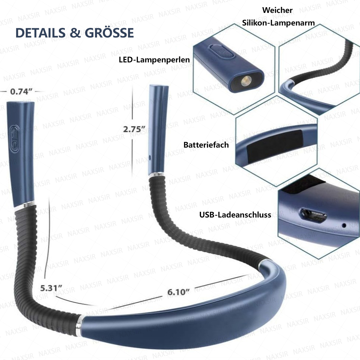 Blaue Nackenlampe mit flexiblen Silikonarmen, LED-Lichtern, Batterie und USB-Anschluss sowie Maßen.