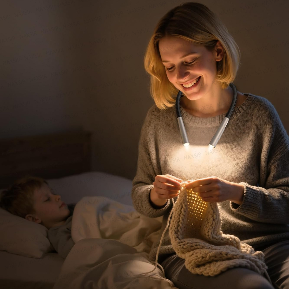 Eine lächelnde Frau mit Leselampe um den Hals strickt, während neben ihr ein Kind schläft.