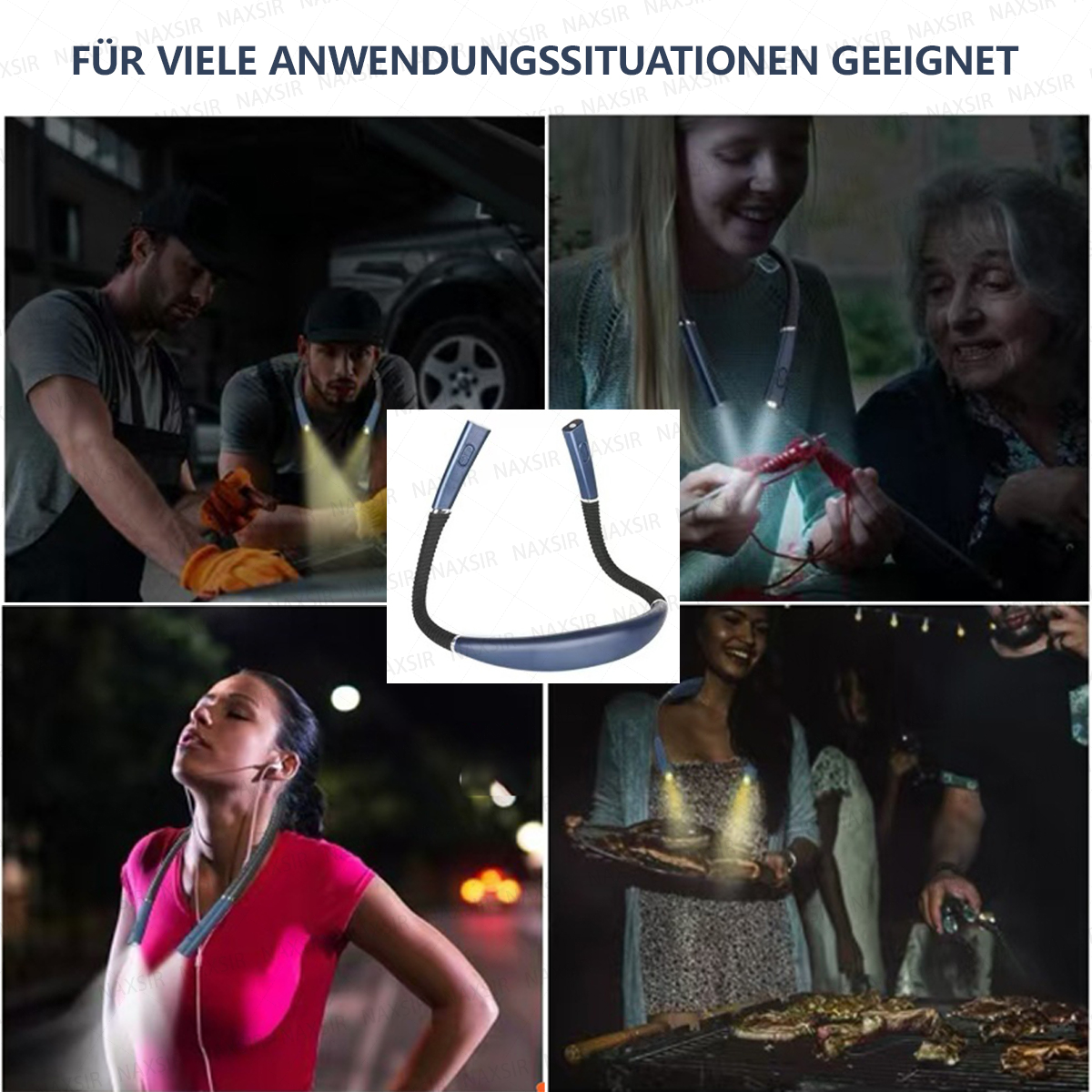 Eine flexible Nackenleuchte, die für verschiedene Aufgaben wie Autoreparaturen, Stricken, Laufen und Grillen verwendet wird.