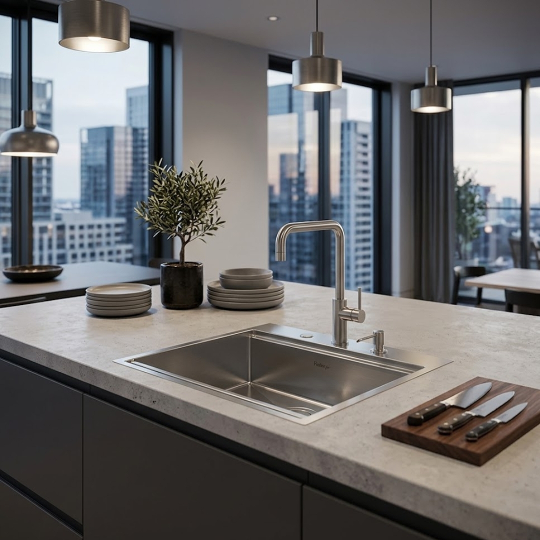 Moderna cucina con lavello, tagliere e coltelli sul piano. Grandi finestre sullo sfondo con vista sulla città.