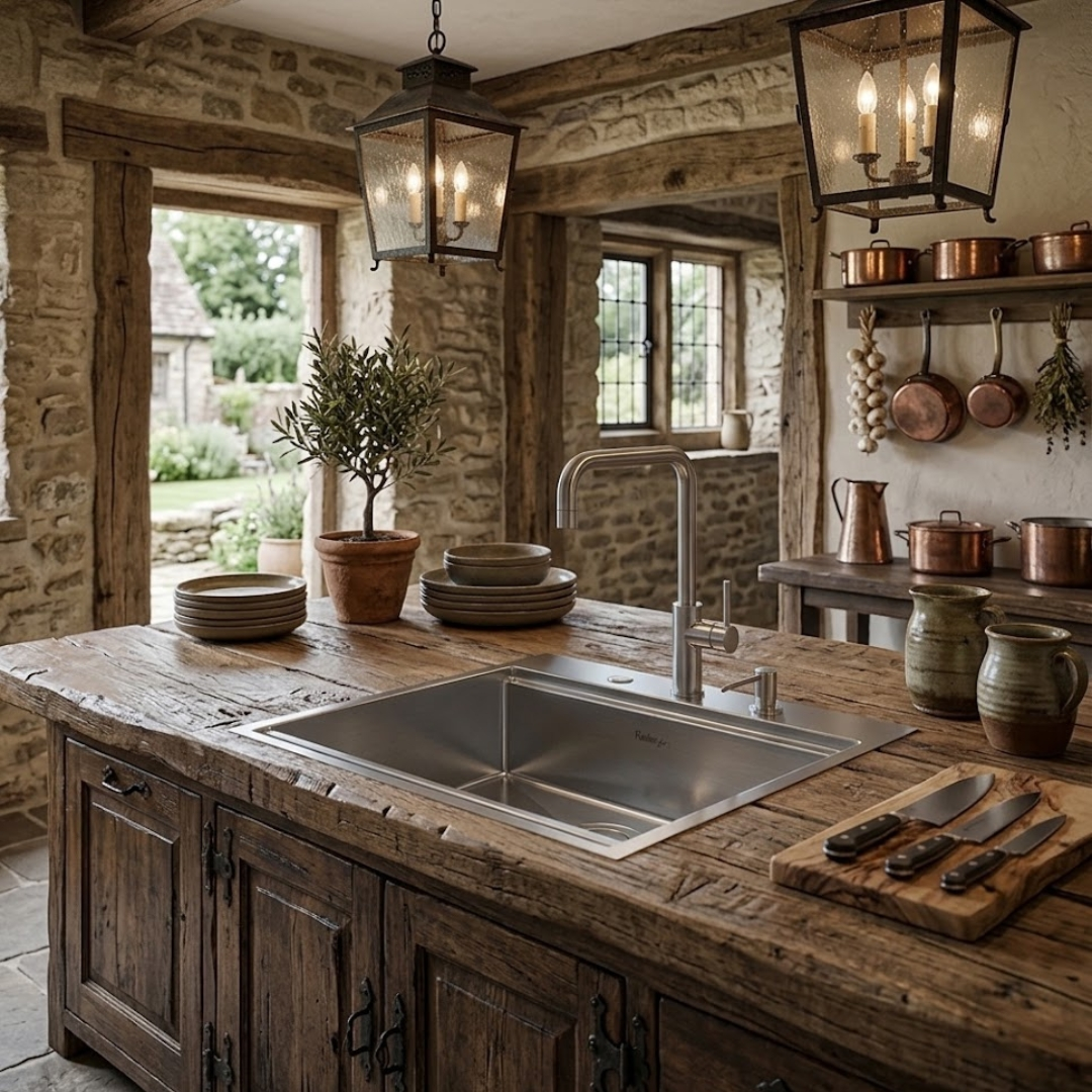 Cucina rustica con isola in legno, lavello in acciaio, lanterne sospese e pentole in rame su parete in pietra.
