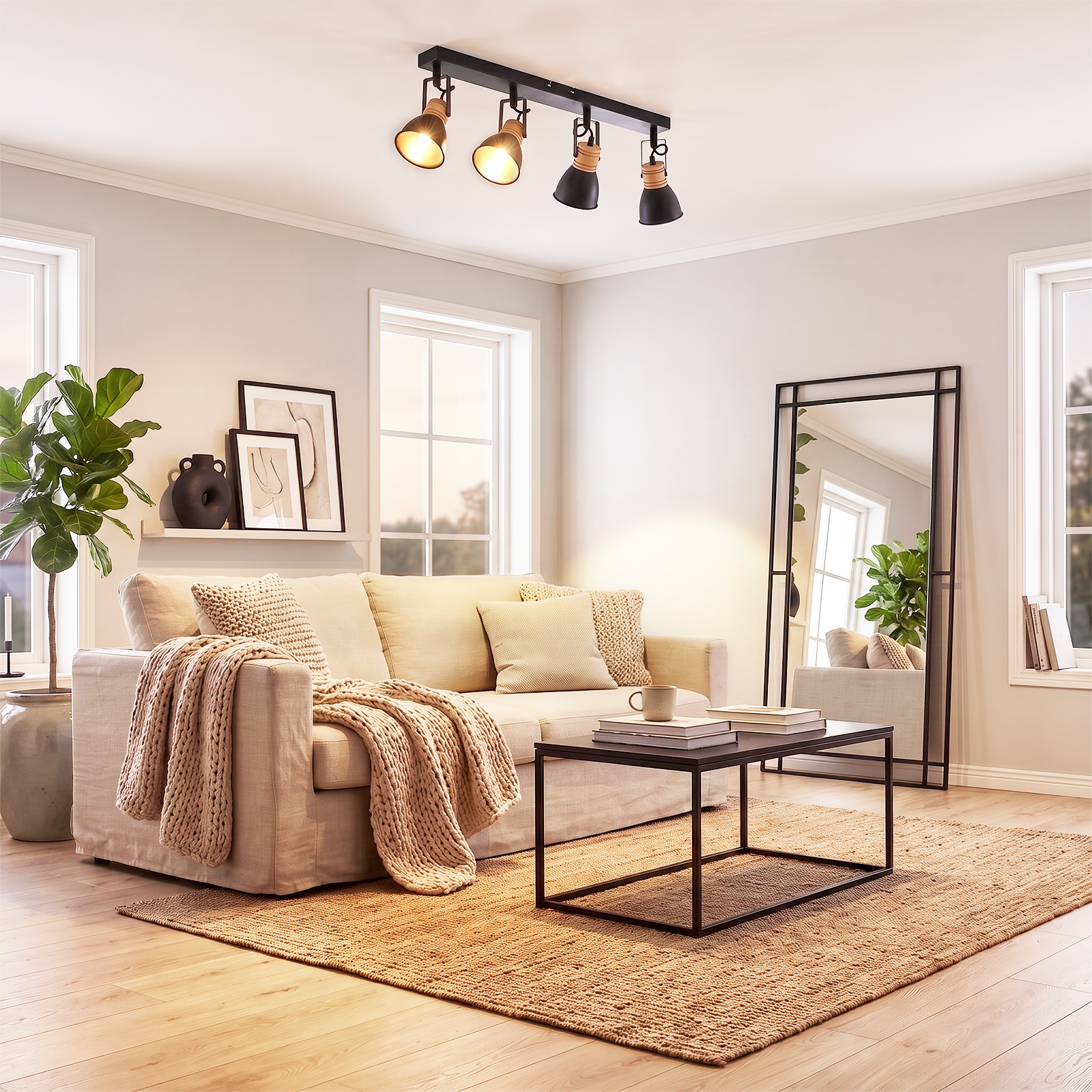 Salón acogedor y luminoso con sofá beige, alfombra de yute, mesa de centro y foco de techo.